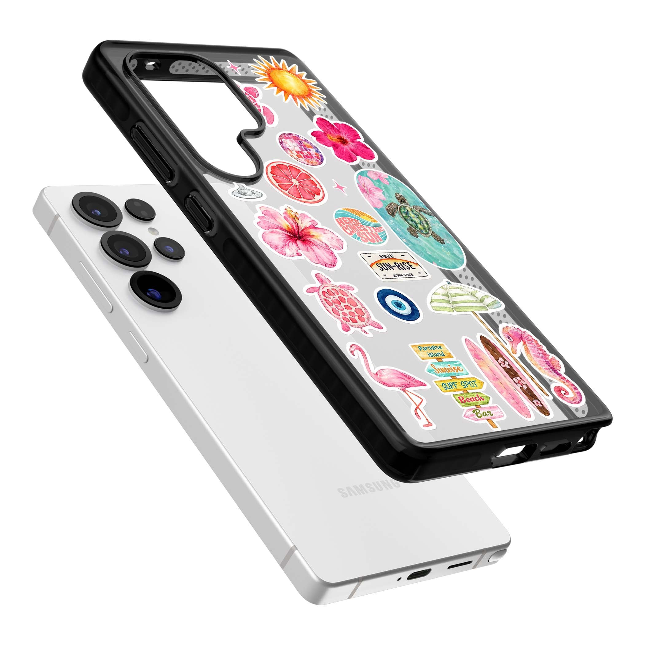 Aloha Sticker Mix tropical summer iPhone case featuring pink hibiscus, sea turtles, flamingo and beach umbrella stickers | Black Impact case for Samsung Galaxy S25 Ultra