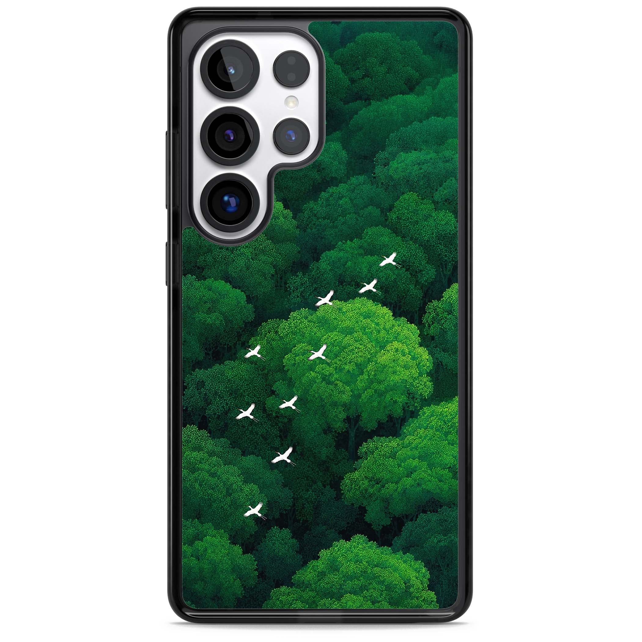 Grove Migration forest iPhone case featuring white cranes flying over lush green treetop canopy | Black Impact case for Samsung Galaxy S25 Ultra