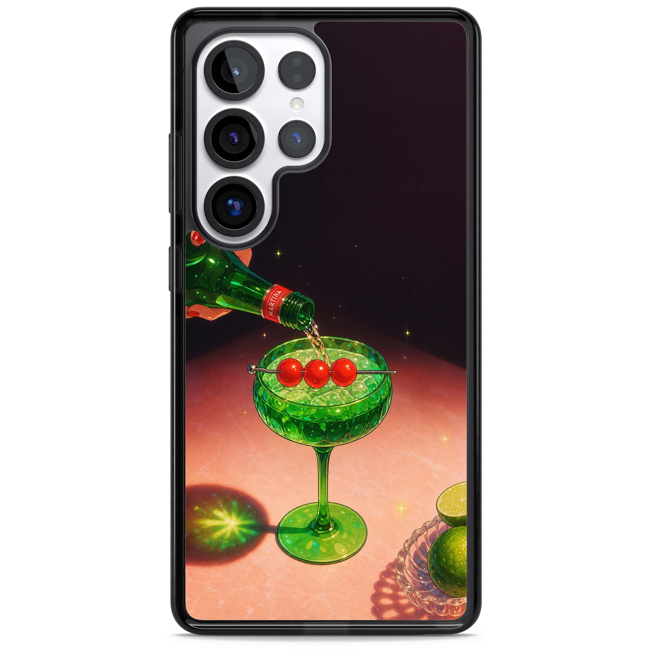 Absinthe Hour cocktail iPhone case featuring a green coupe glass, cherry garnish and vintage bottle pour illustration | Black Impact case for Samsung Galaxy S25 Ultra