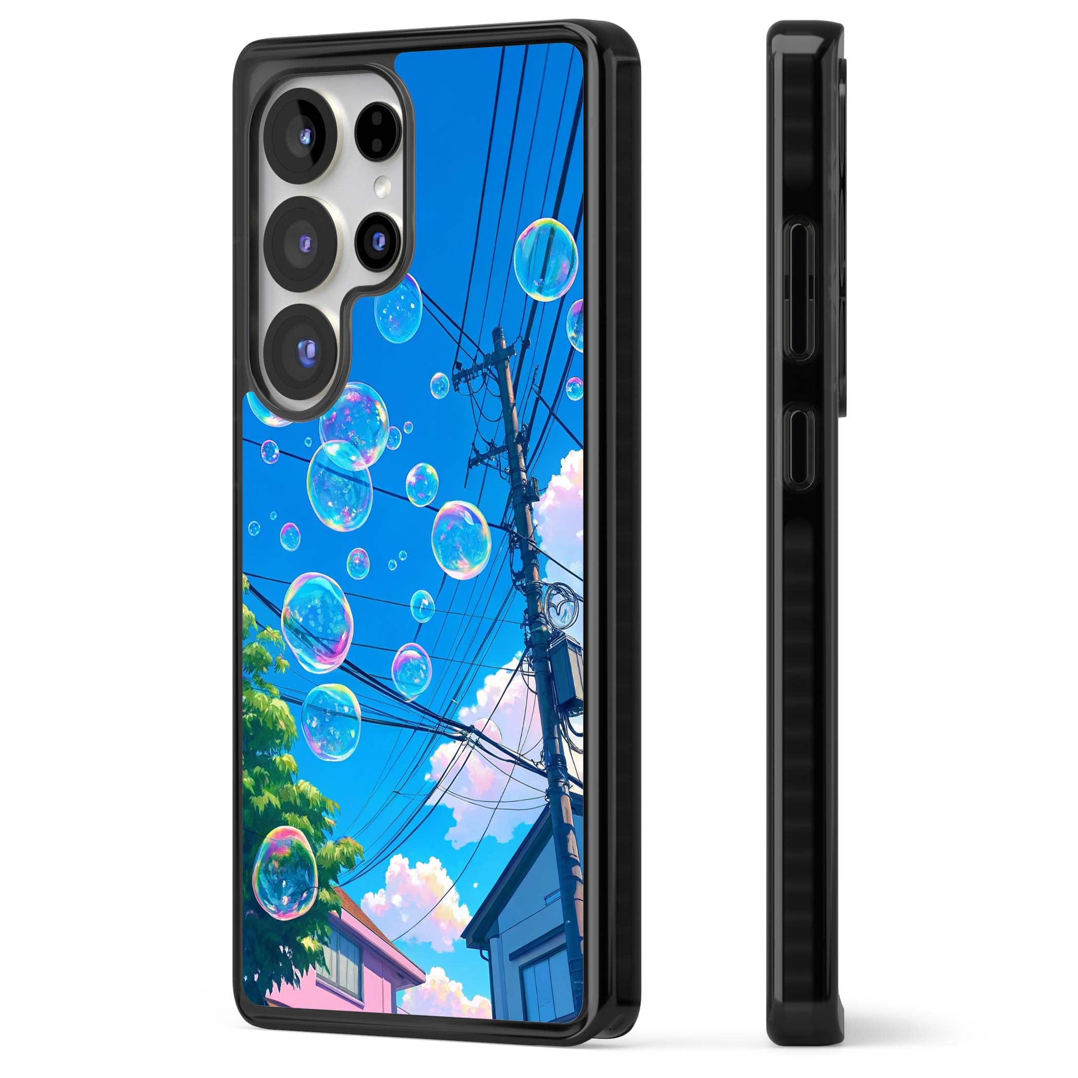 Suburban Bubbles anime iPhone case featuring iridescent soap bubbles, blue sky and Japanese telephone wires | Black Impact case for Samsung Galaxy S25 Ultra