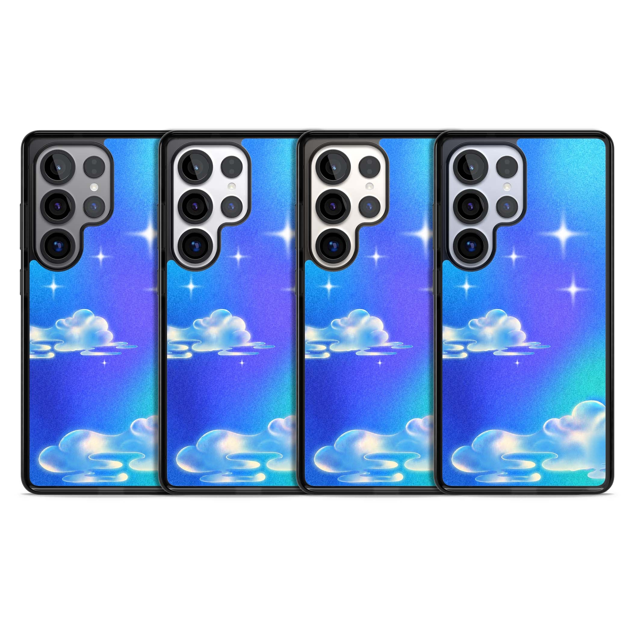 Aurora celestial iPhone case featuring dreamy iridescent clouds, sparkling stars and pastel blue purple sky | Black Impact case for Samsung Galaxy S25 Ultra