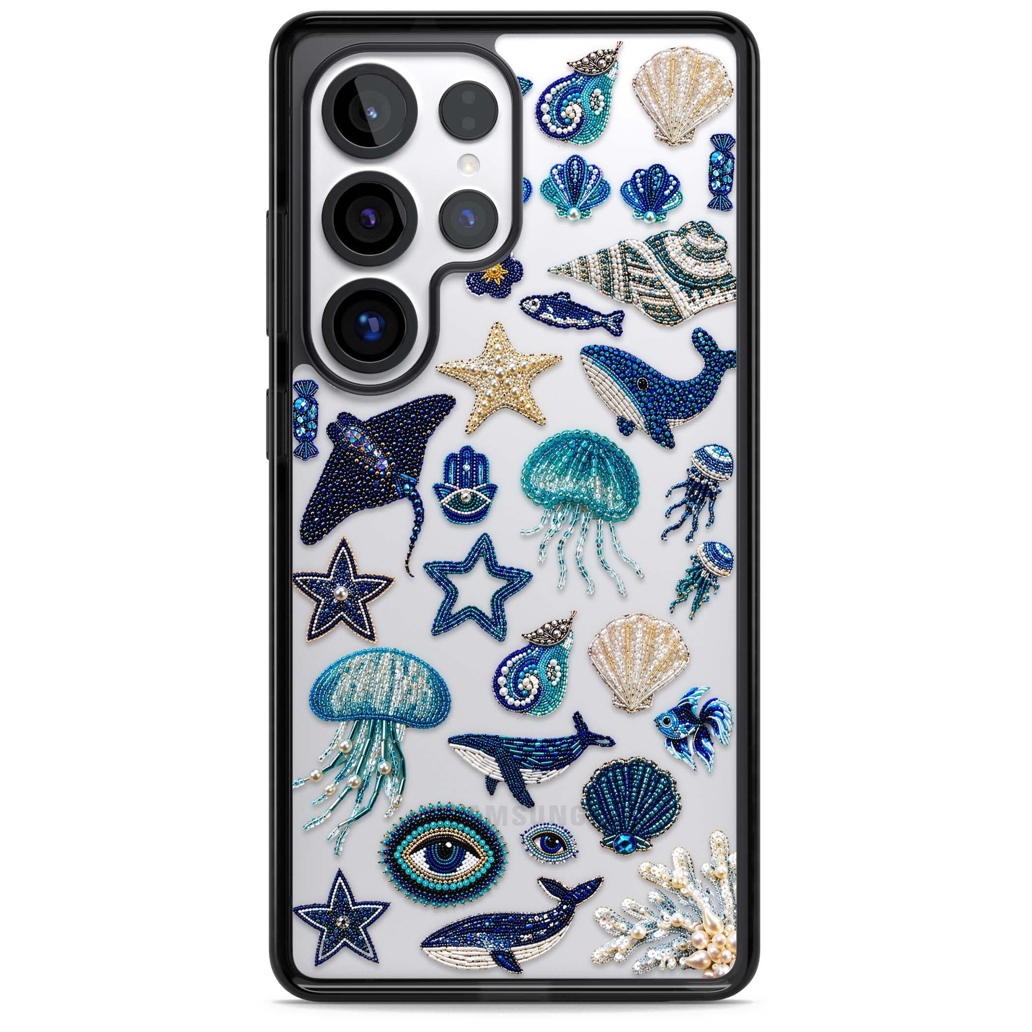 Beaded Coastal coastal iPhone case featuring embroidered seashells, jellyfish and a blue whale on clear | Black Impact case for Samsung Galaxy S25 Ultra