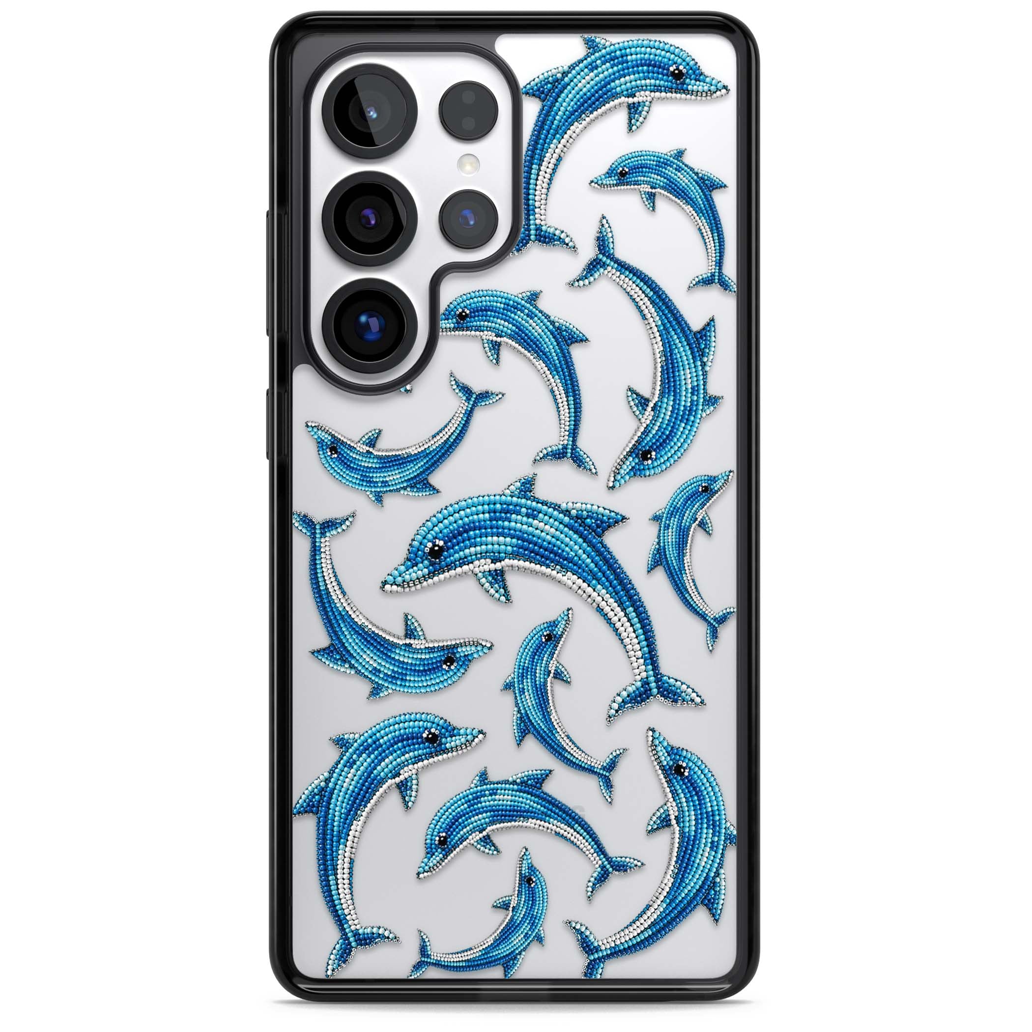 Beaded Dolphins coastal iPhone case featuring beaded dolphins in blue and white swimming across a clear background | Black Impact case for Samsung Galaxy S25 Ultra