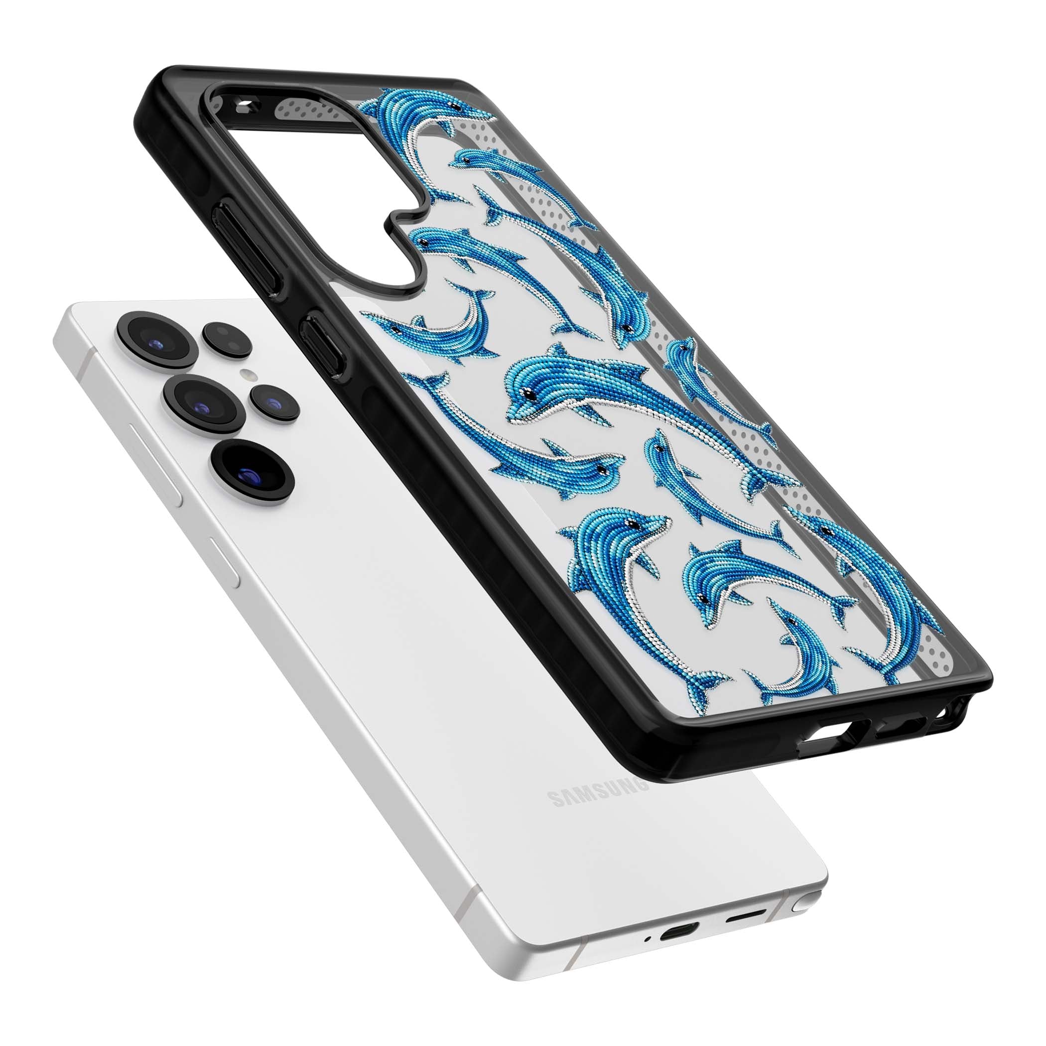 Beaded Dolphins coastal iPhone case featuring beaded dolphins in blue and white swimming across a clear background | Black Impact case for Samsung Galaxy S25 Ultra
