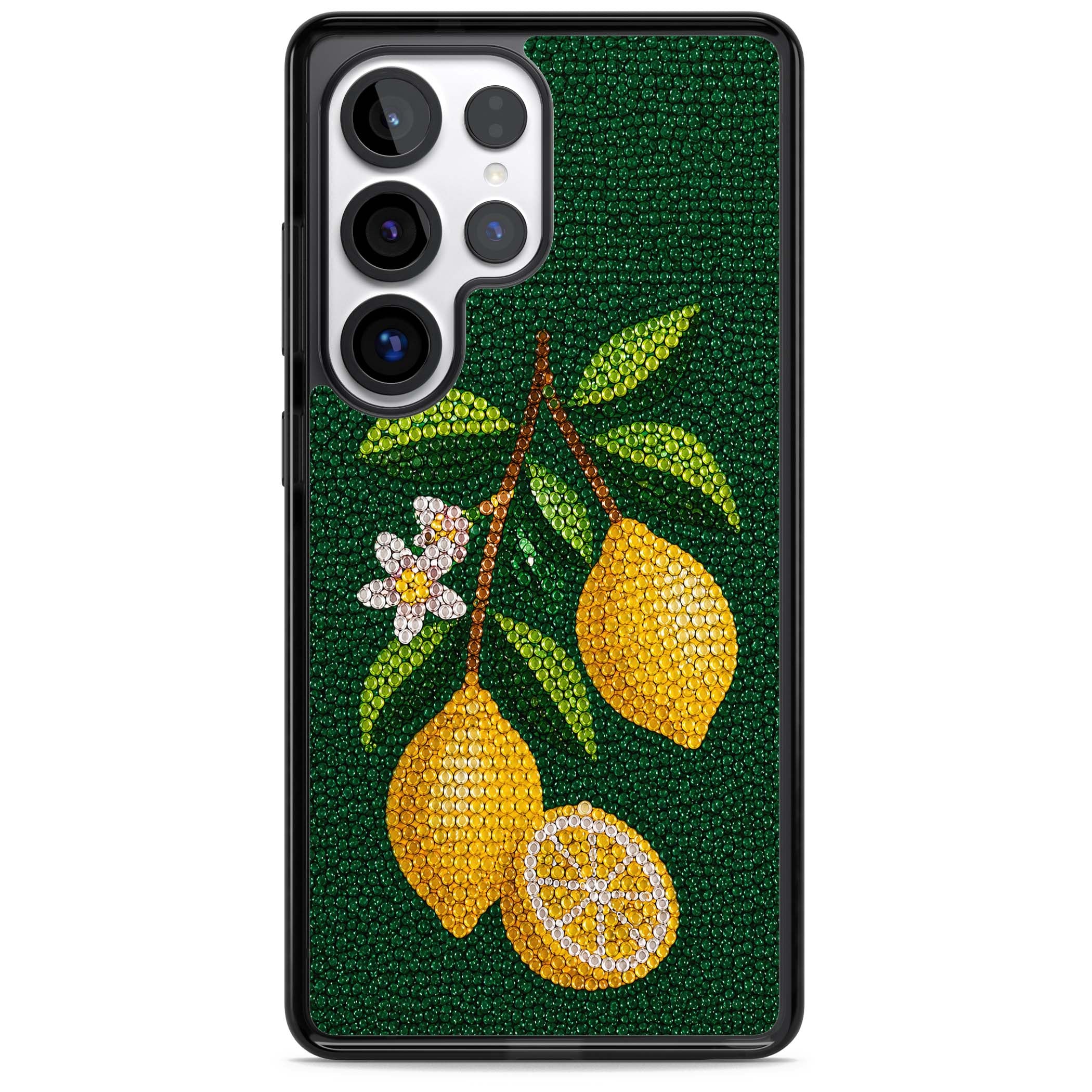 Beaded Lemons coastal iPhone case featuring crystal-beaded lemons, citrus blossom and green leaves on emerald ground | Black Impact case for Samsung Galaxy S25 Ultra
