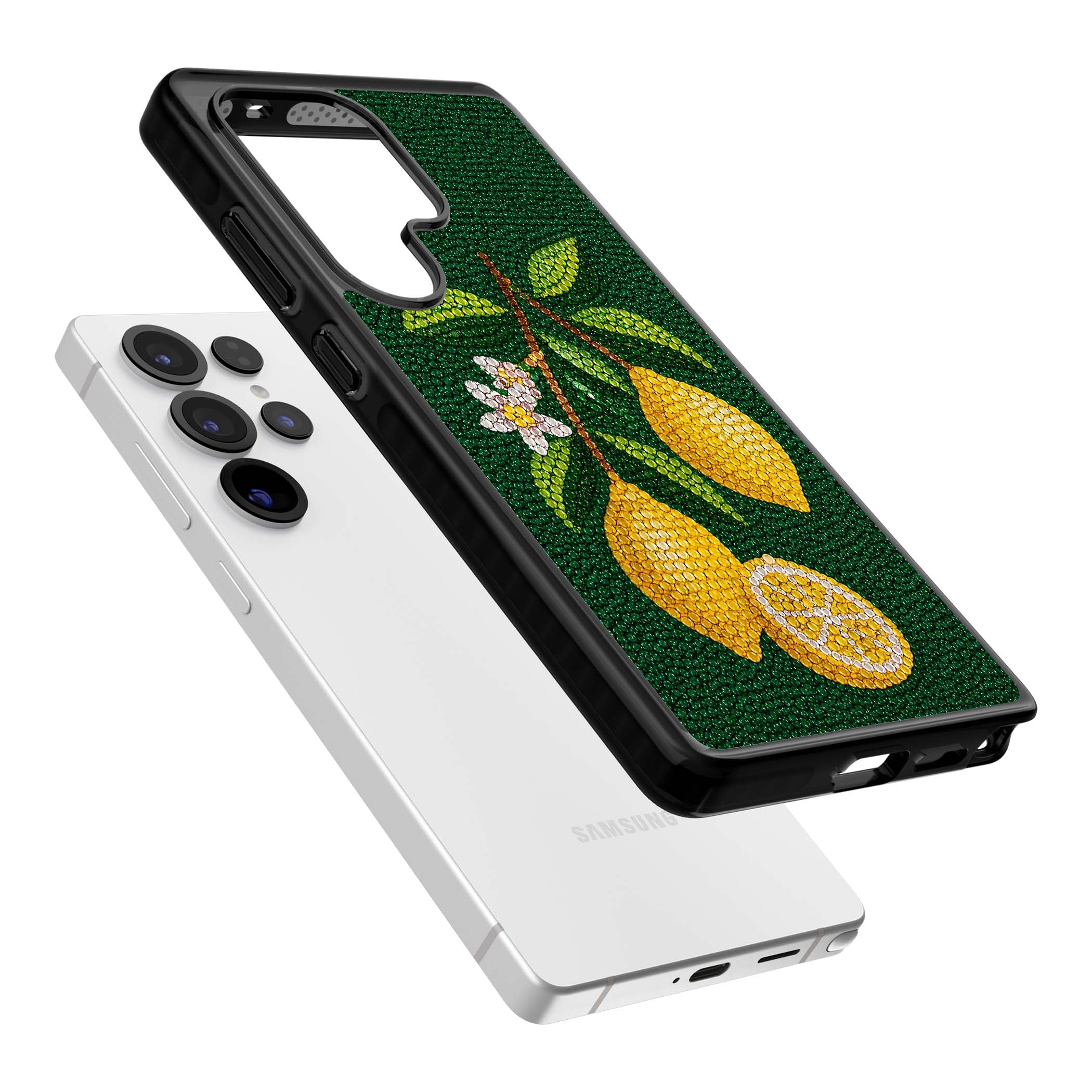 Beaded Lemons coastal iPhone case featuring crystal-beaded lemons, citrus blossom and green leaves on emerald ground | Black Impact case for Samsung Galaxy S25 Ultra