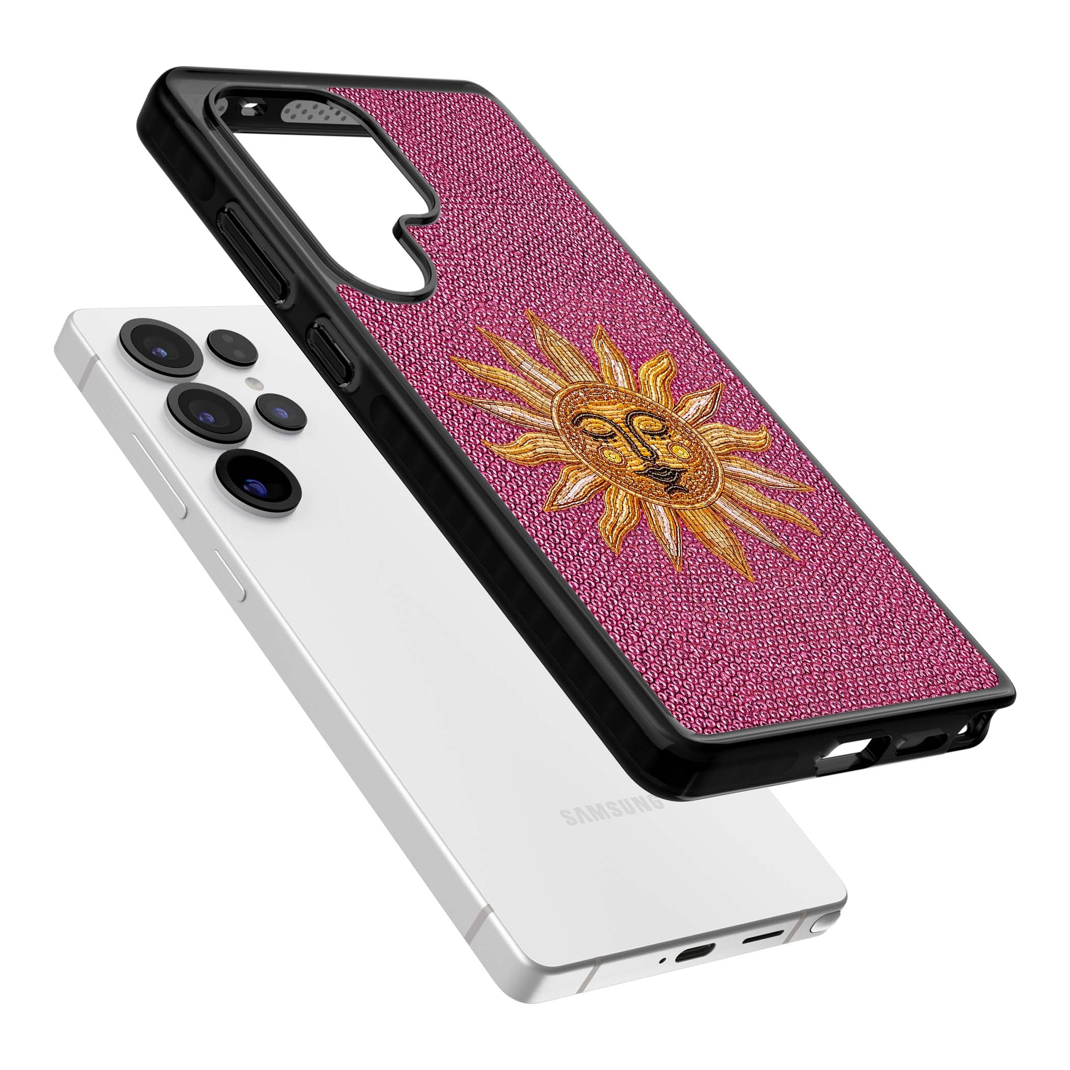 Beaded Sun celestial iPhone case featuring a golden beaded sun face with radiant rays on hot pink beaded background | Black Impact case for Samsung Galaxy S25 Ultra
