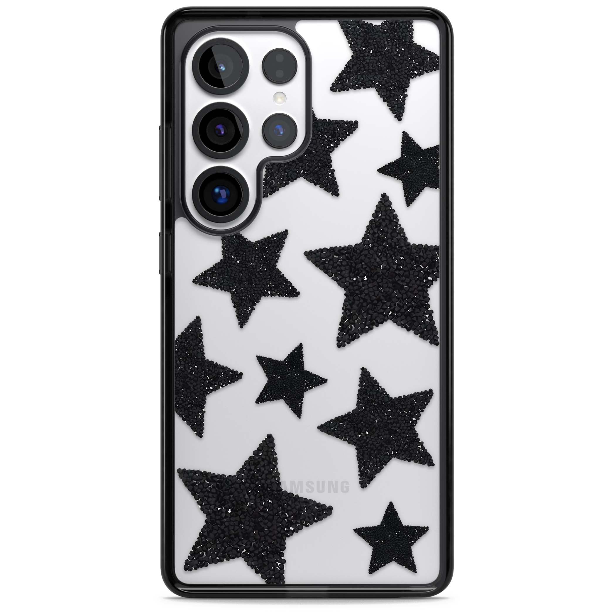 Beaded Black Stars celestial iPhone case featuring black glitter beaded stars scattered on a clear background | Black Impact case for Samsung Galaxy S25 Ultra