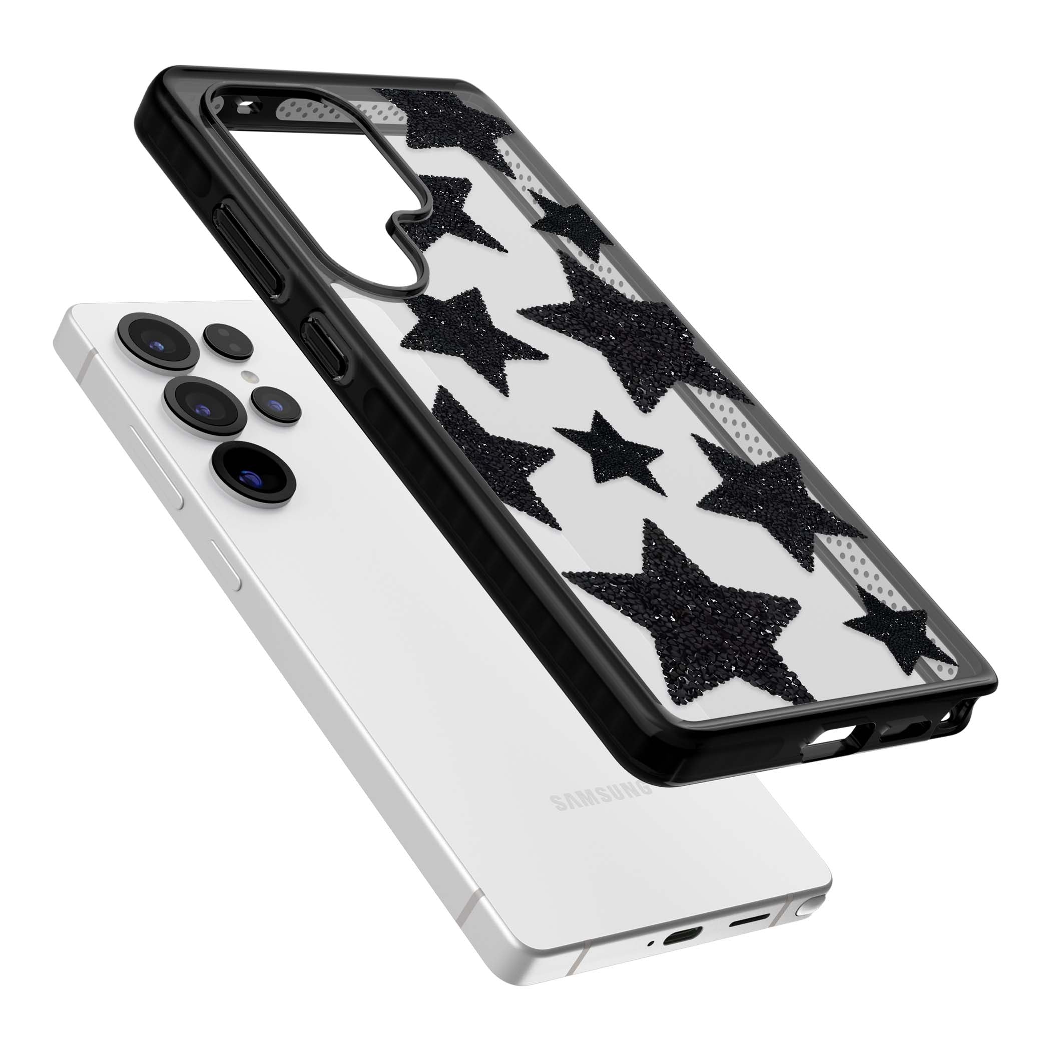 Beaded Black Stars celestial iPhone case featuring black glitter beaded stars scattered on a clear background | Black Impact case for Samsung Galaxy S25 Ultra
