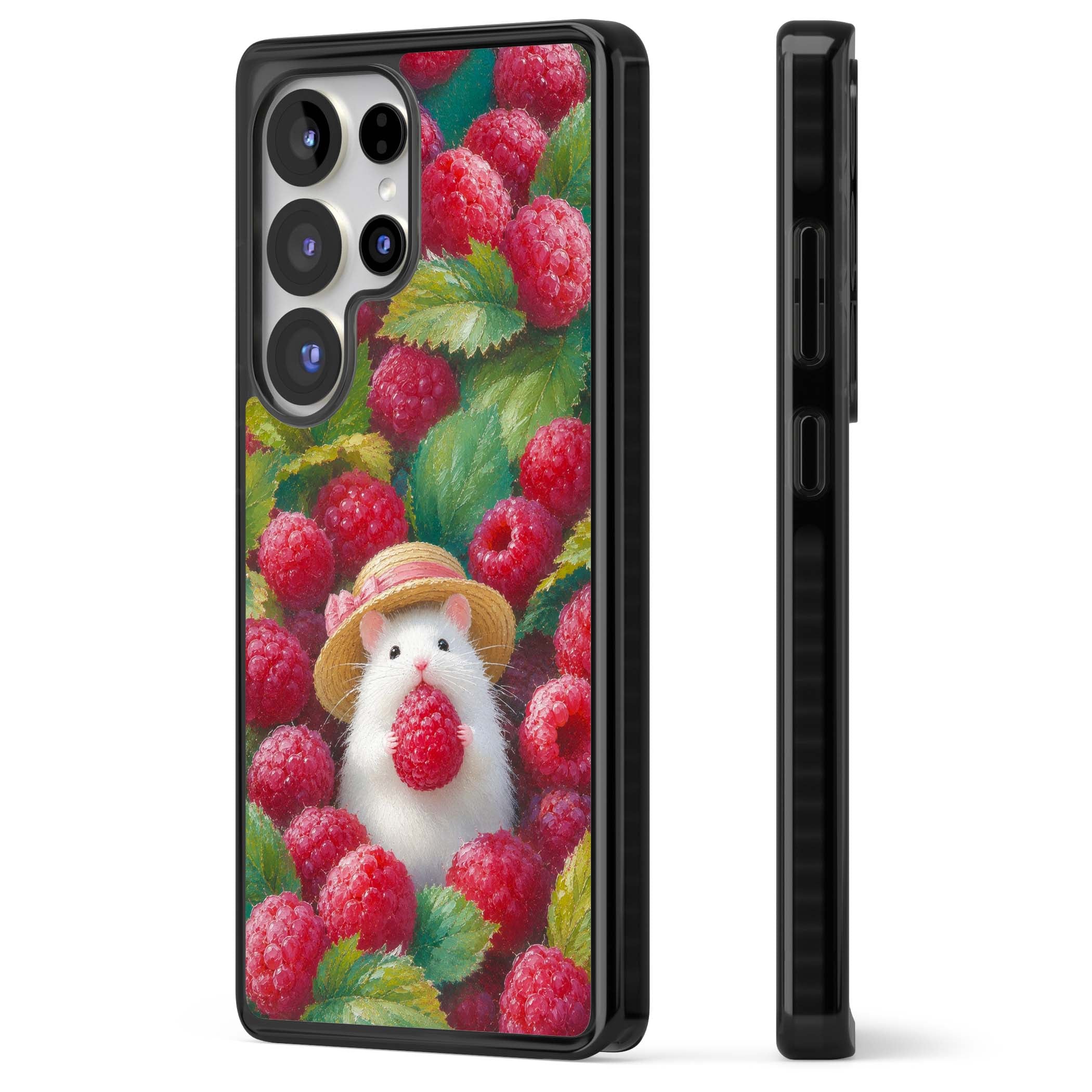 Berry Forager cottagecore iPhone case featuring a white hamster in a straw hat holding a raspberry surrounded by ripe ber | Black Impact case for Samsung Galaxy S25 Ultra