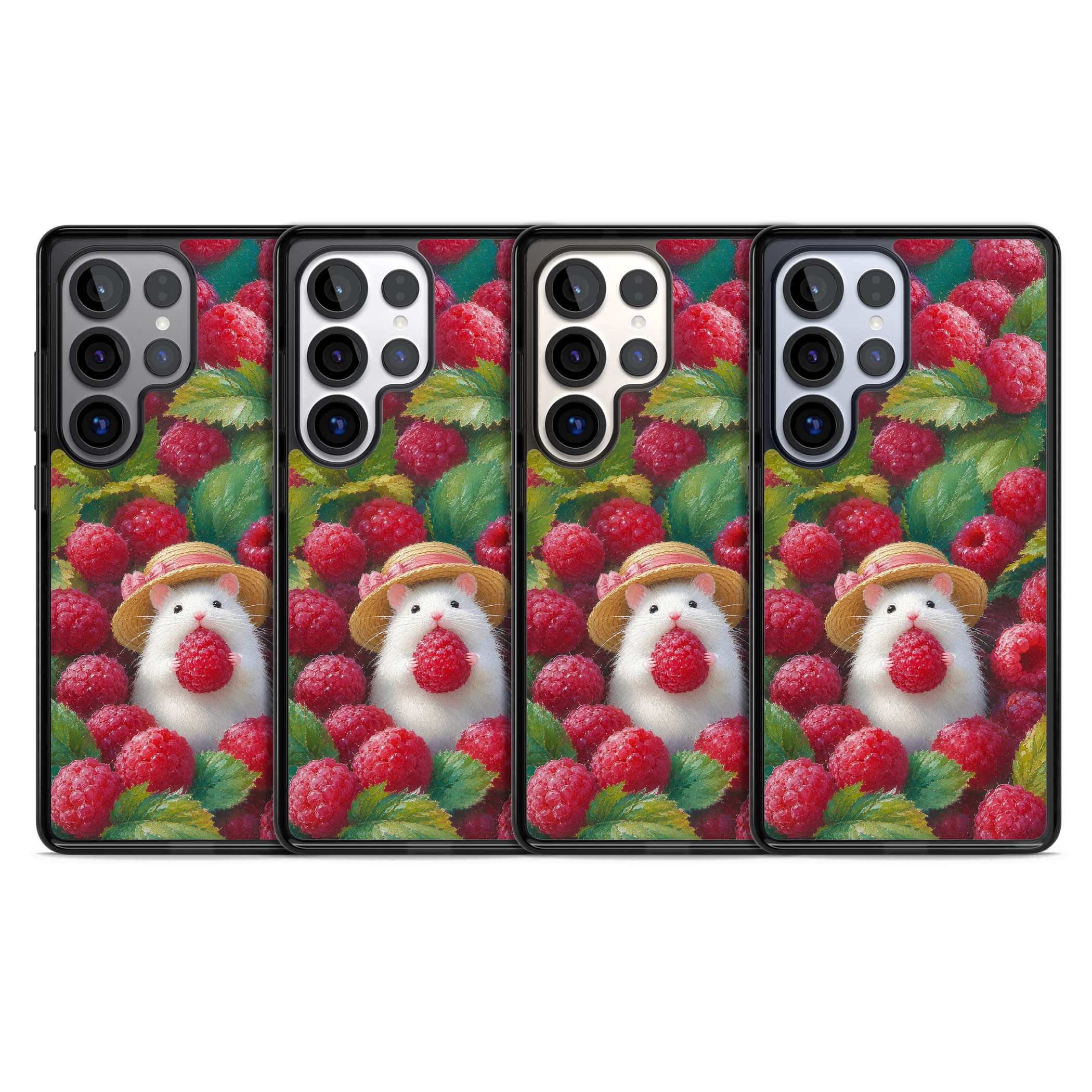 Berry Forager cottagecore iPhone case featuring a white hamster in a straw hat holding a raspberry surrounded by ripe ber | Black Impact case for Samsung Galaxy S25 Ultra