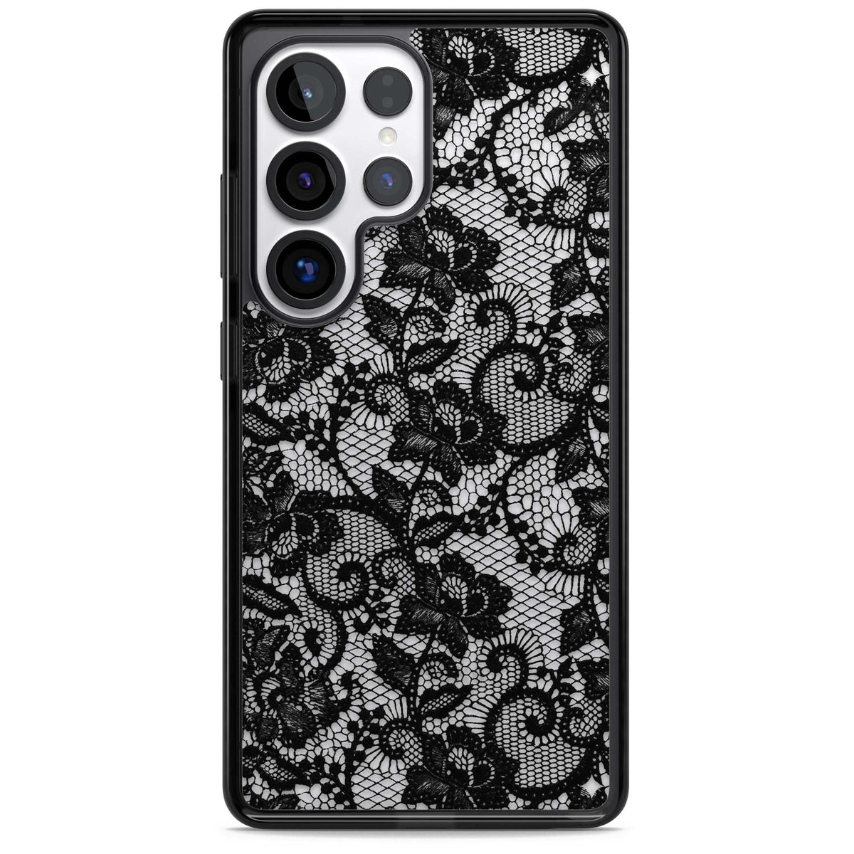 Black Lace gothic iPhone case featuring intricate black floral lace pattern with vintage whimsigoth detail | Black Impact case for Samsung Galaxy S25 Ultra