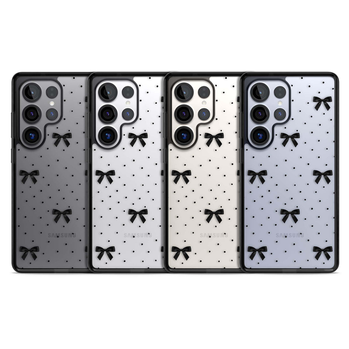 Black Polka Bows coquette iPhone case featuring scattered black satin bows and tiny polka dots on a clear base | Black Impact case for Samsung Galaxy S25 Ultra