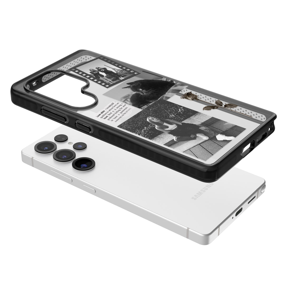Personalised Black & White Scrapbook Photos Samsung S25 Ultra / Samsung S26 Ultra Impact Black Phone Case angled