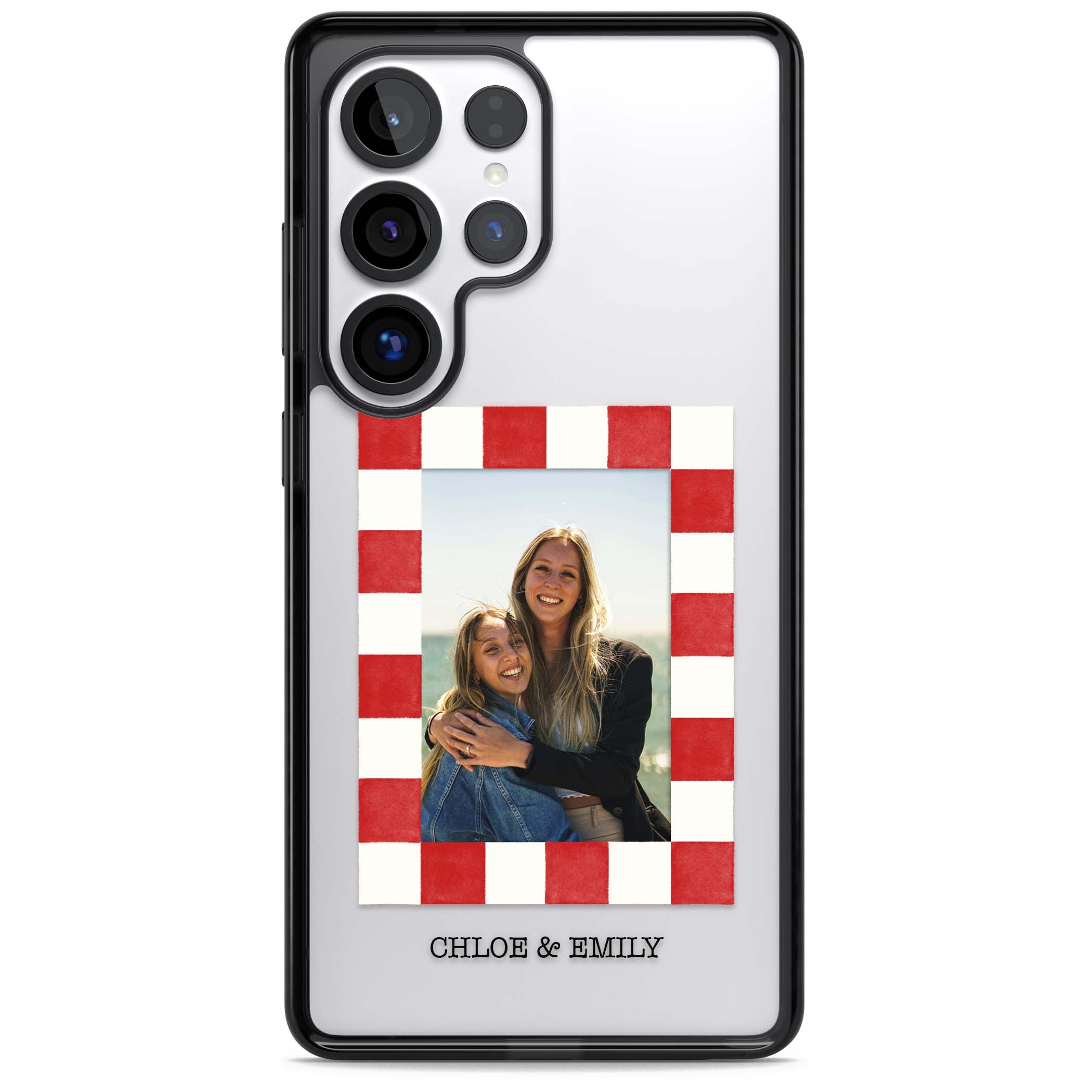 Red Check Photo personalised photo iPhone case with red and white checkered polaroid frame and custom couple name | Black Impact case for Samsung Galaxy S25 Ultra