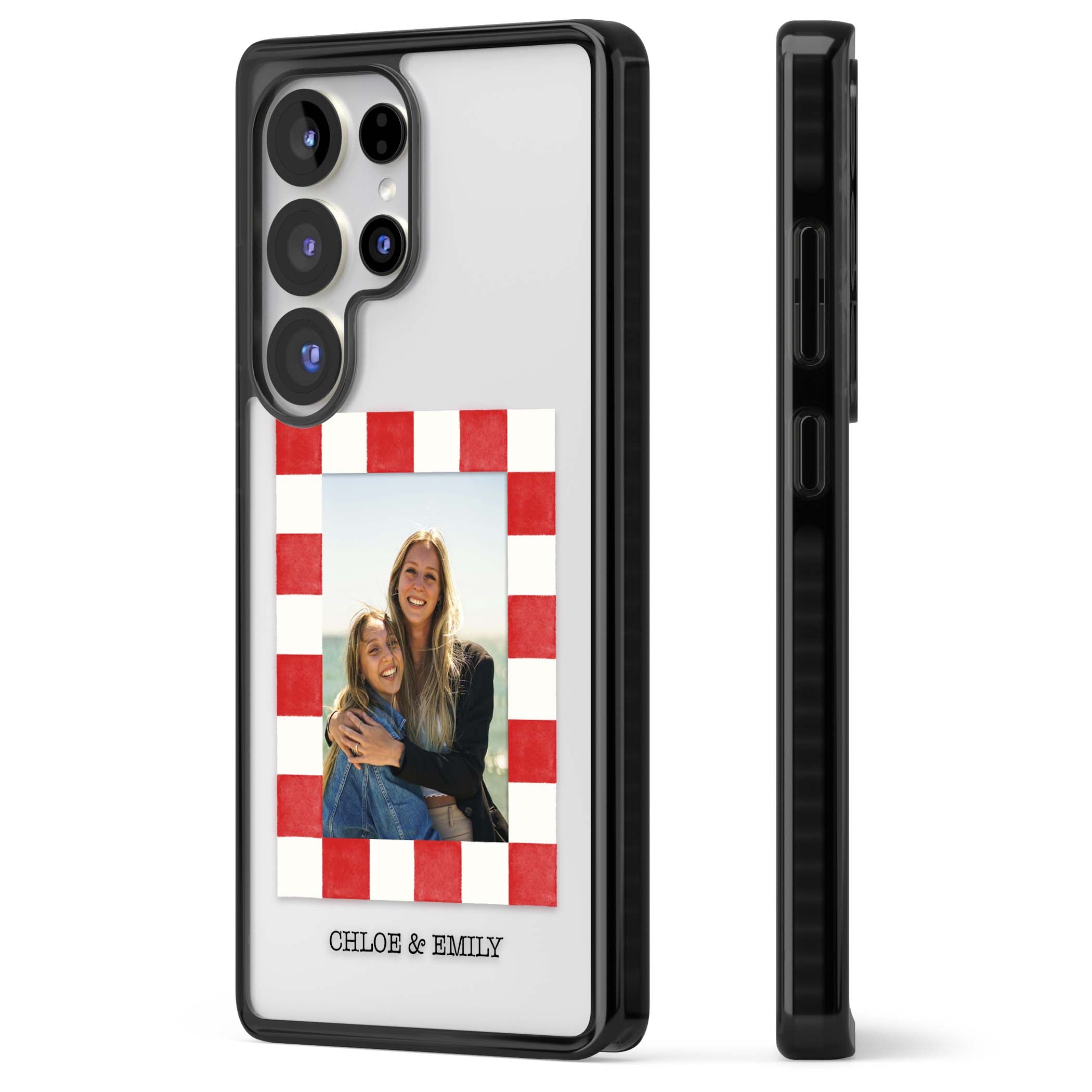 Red Check Photo personalised photo iPhone case with red and white checkered polaroid frame and custom couple name | Black Impact case for Samsung Galaxy S25 Ultra