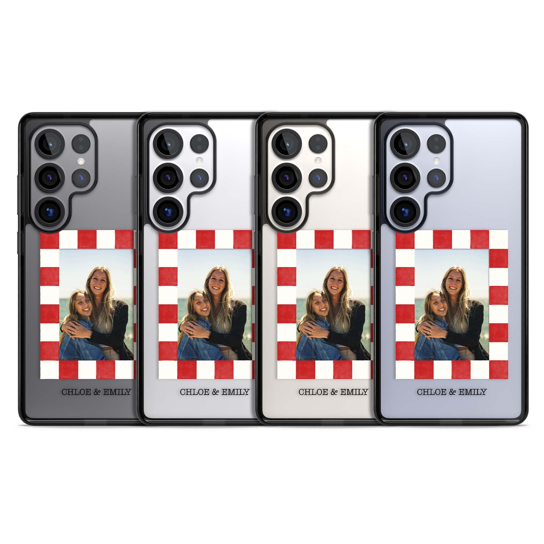 Red Check Photo personalised photo iPhone case with red and white checkered polaroid frame and custom couple name | Black Impact case for Samsung Galaxy S25 Ultra