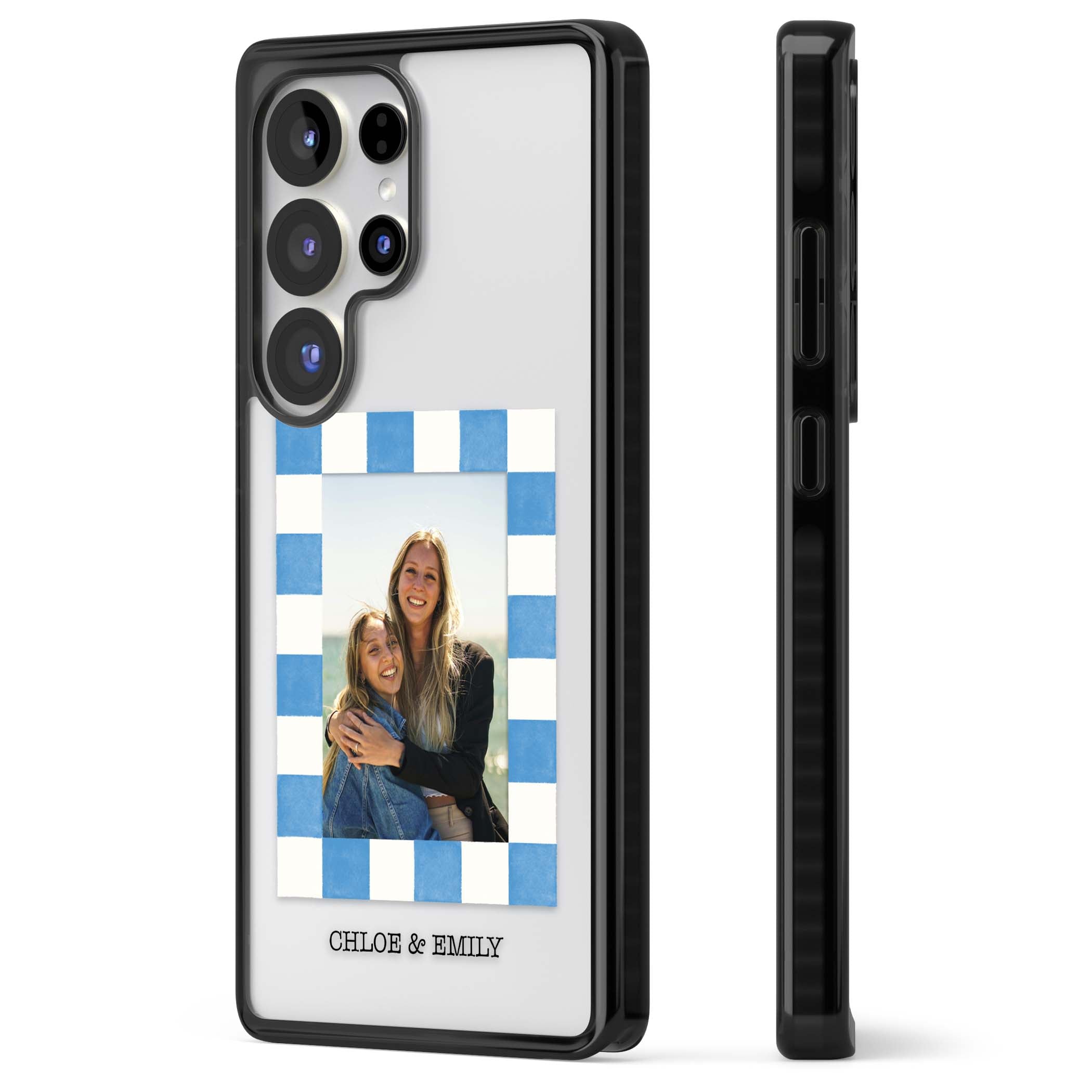 Blue Check Photo personalised photo iPhone case with blue checkered frame and custom couple names | Black Impact case for Samsung Galaxy S25 Ultra