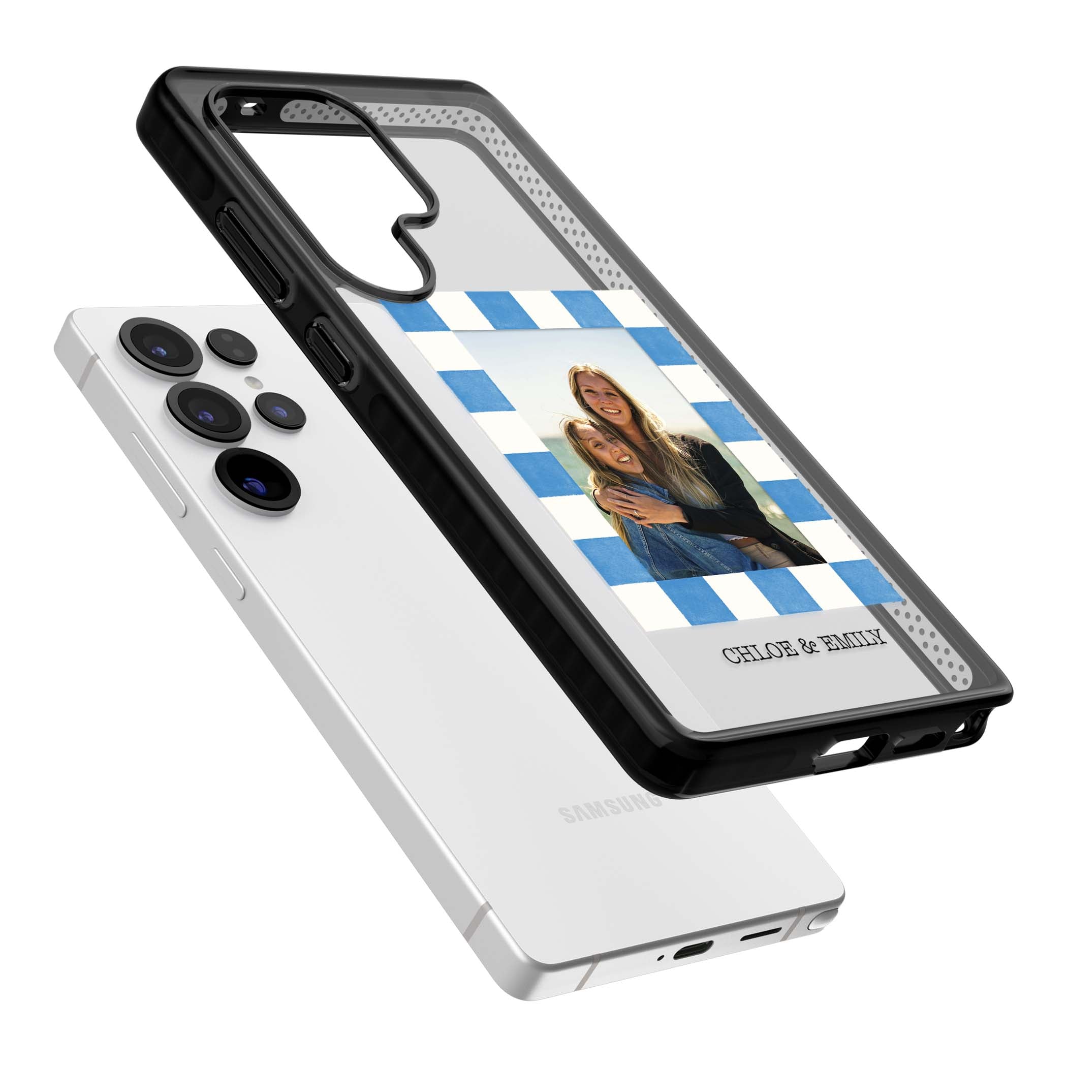 Blue Check Photo personalised photo iPhone case with blue checkered frame and custom couple names | Black Impact case for Samsung Galaxy S25 Ultra