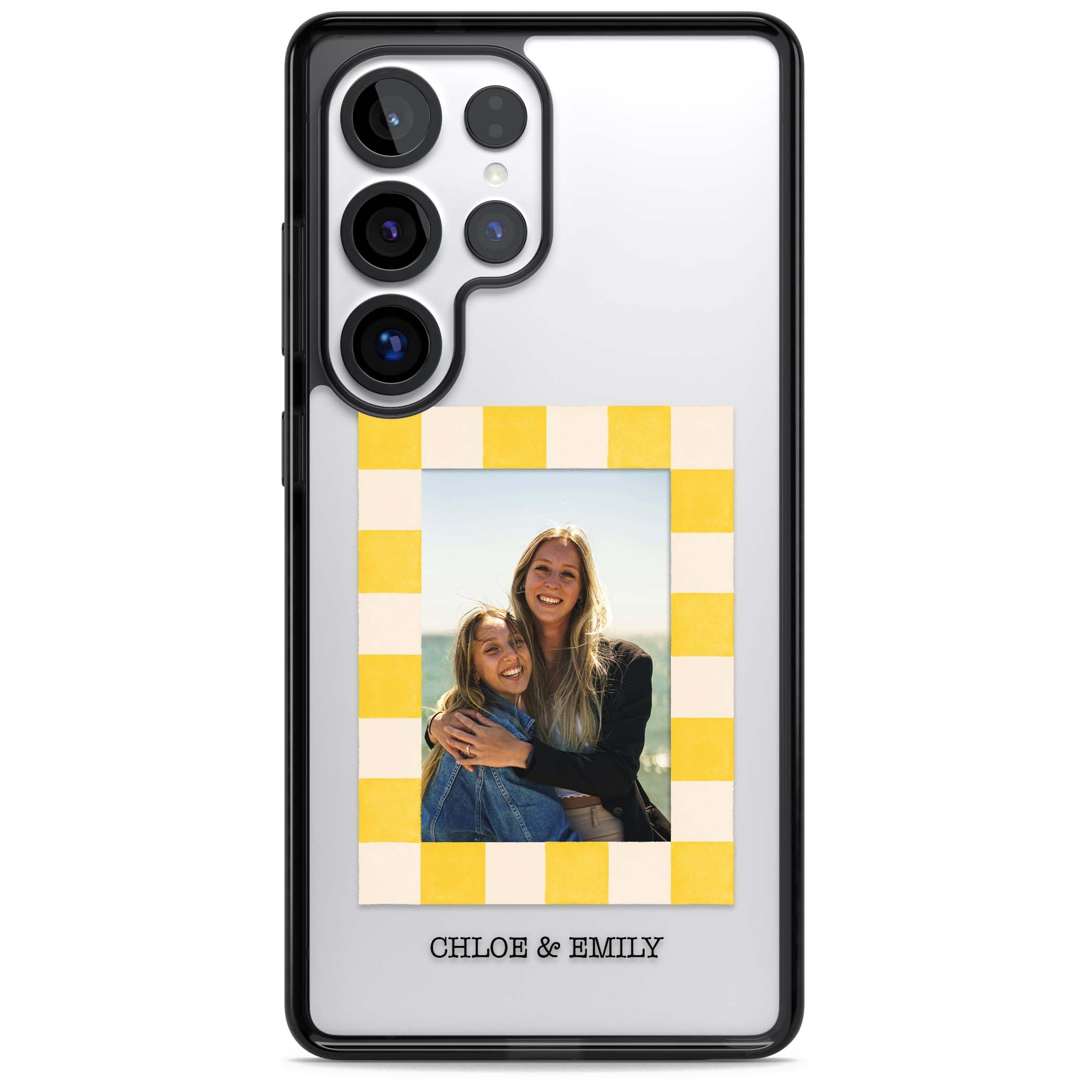 Yellow Check Photo personalised iPhone case with yellow checkered Polaroid frame and custom names beneath | Black Impact case for Samsung Galaxy S25 Ultra