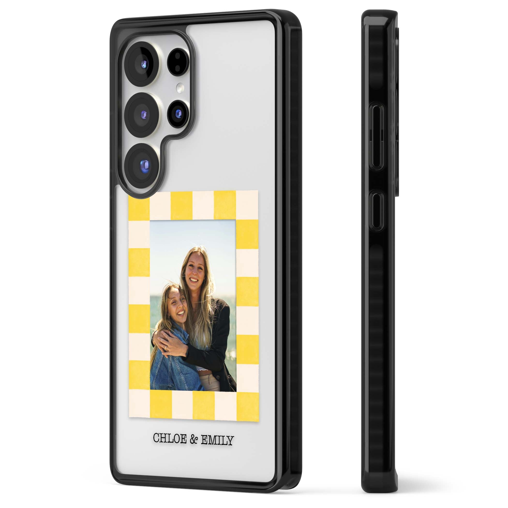 Yellow Check Photo personalised iPhone case with yellow checkered Polaroid frame and custom names beneath | Black Impact case for Samsung Galaxy S25 Ultra