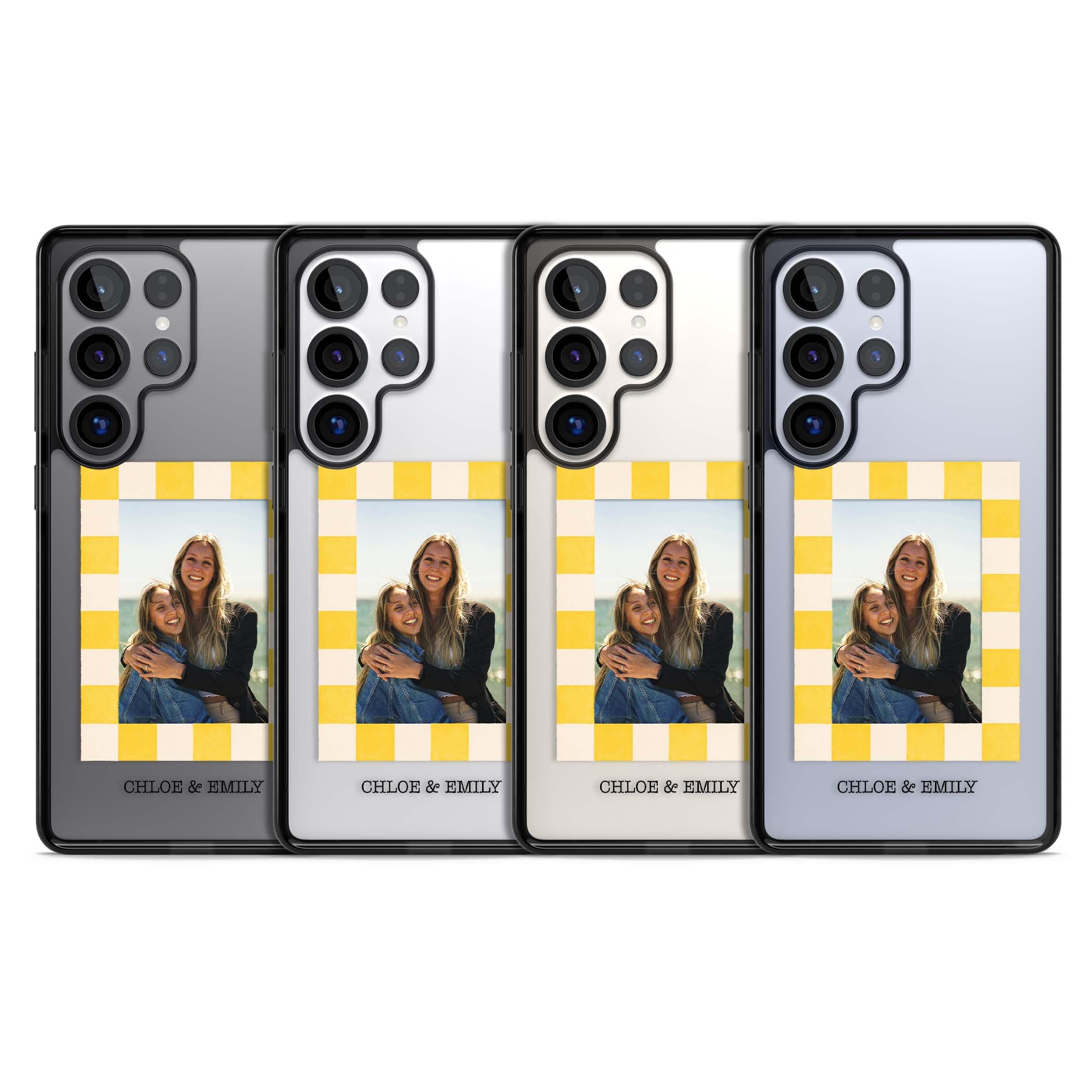 Yellow Check Photo personalised iPhone case with yellow checkered Polaroid frame and custom names beneath | Black Impact case for Samsung Galaxy S25 Ultra