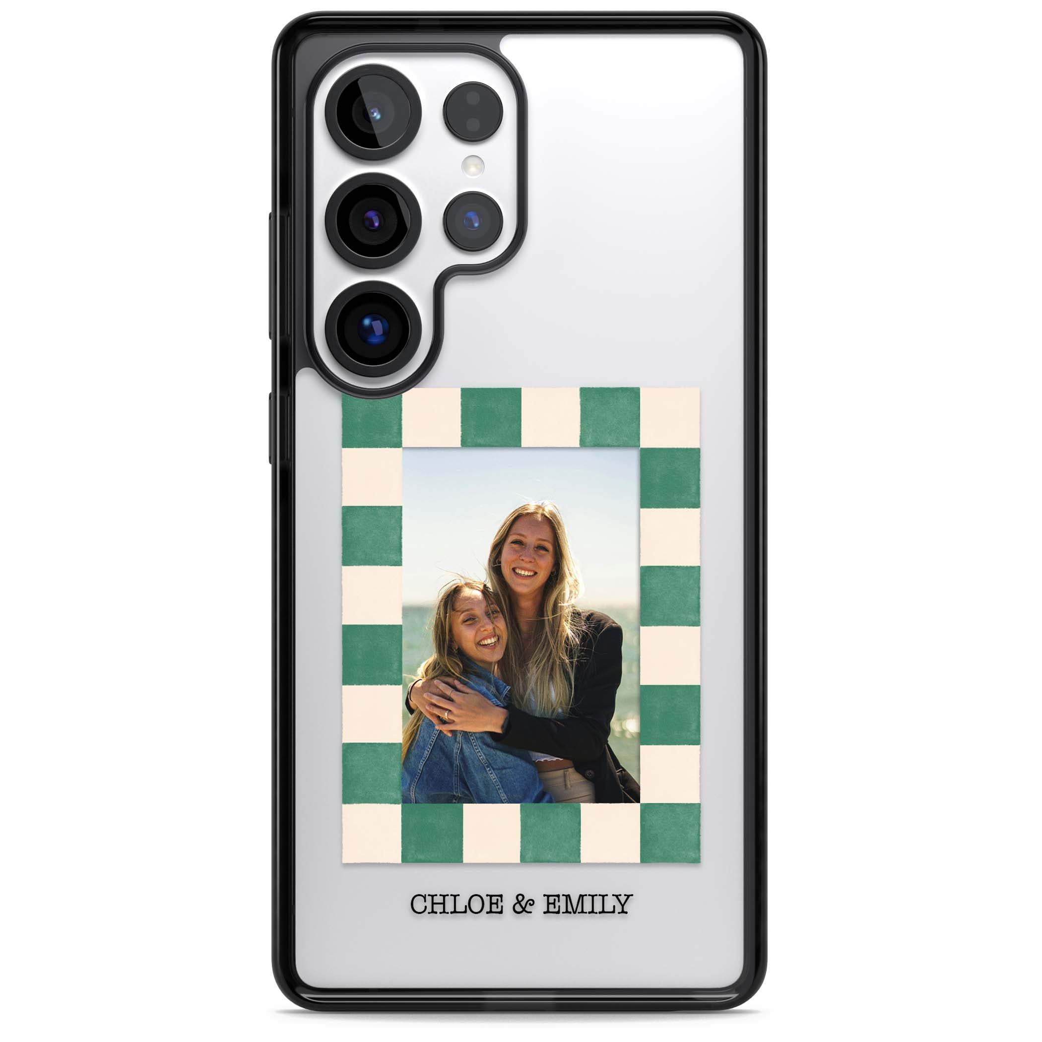 Seafoam Check Photo personalised iPhone case featuring a custom polaroid photo, green and cream checkered frame, and custom n | Black Impact case for Samsung Galaxy S25 Ultra