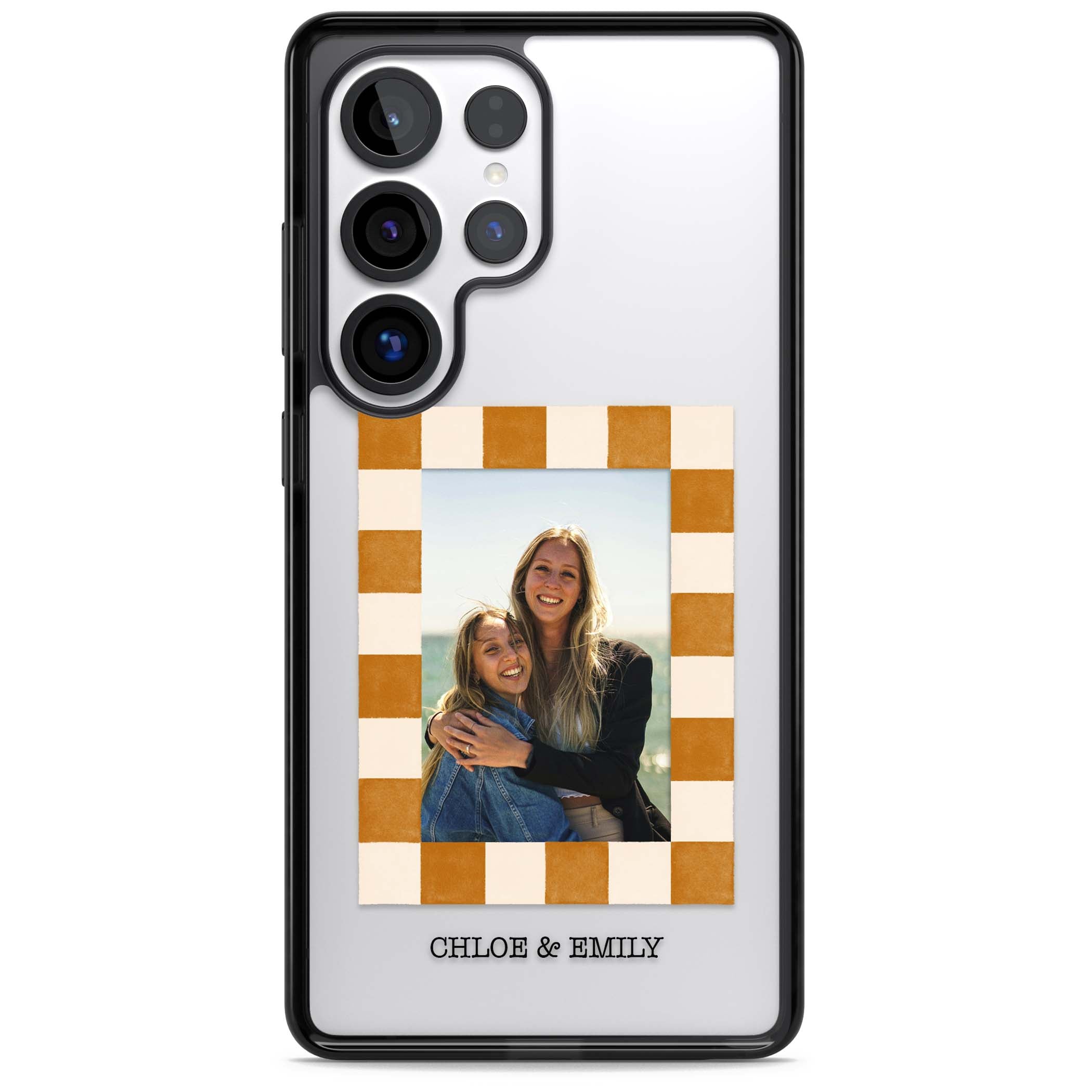 Citrus Check Photo personalised iPhone case with custom photo, orange checkered frame and names underneath | Black Impact case for Samsung Galaxy S25 Ultra