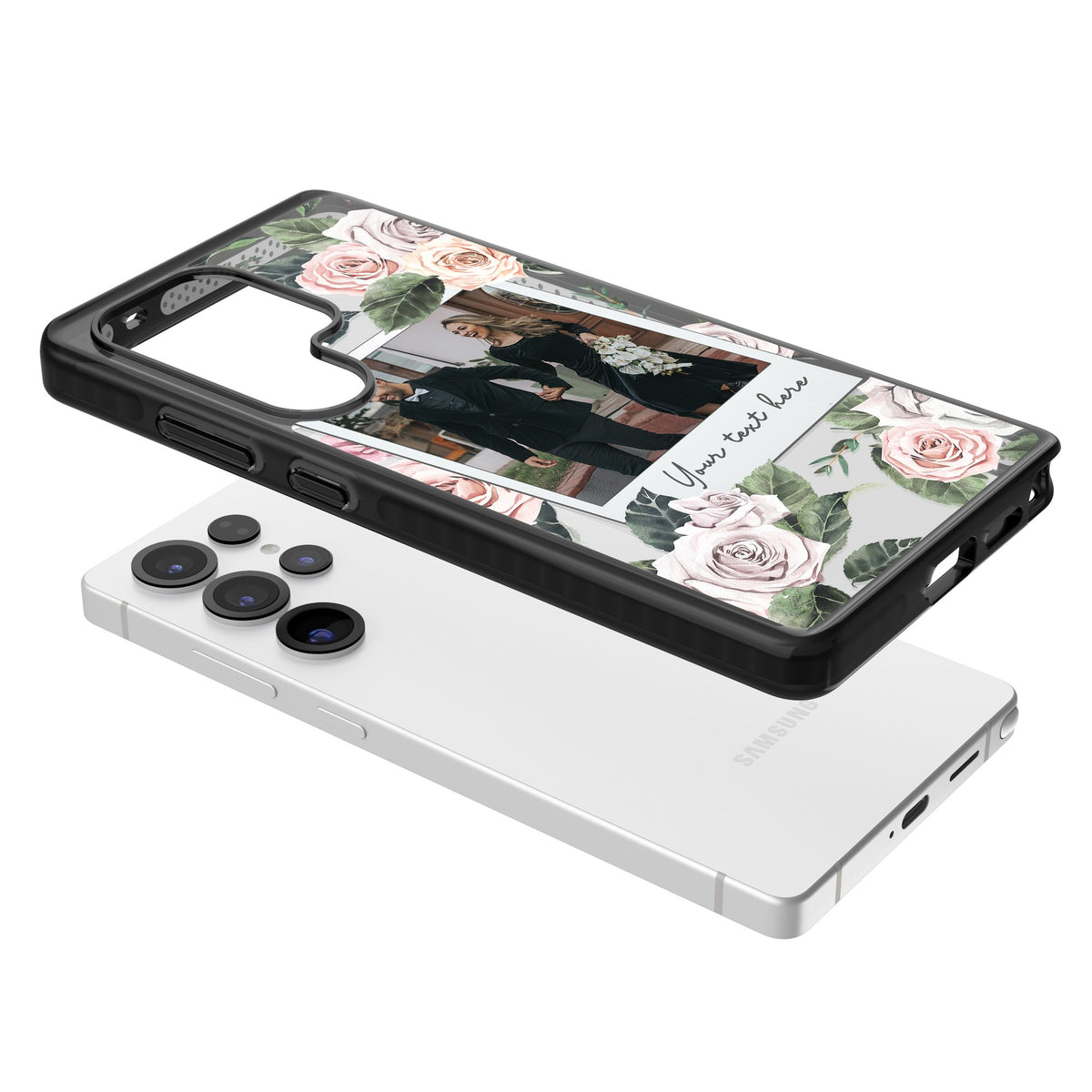 Personalised Floral Polaroid Samsung S25 Ultra / Samsung S26 Ultra Impact Black Phone Case angled