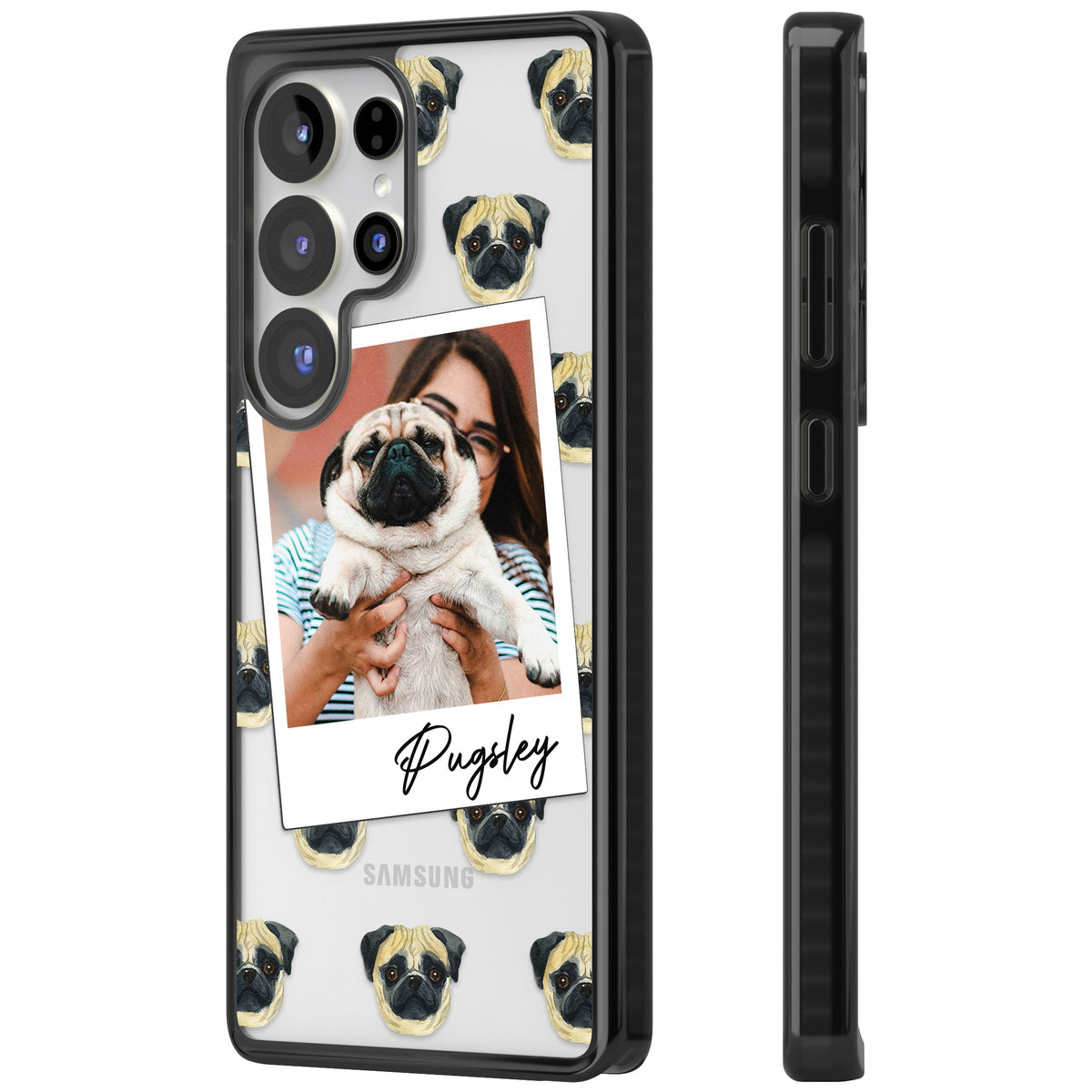 Personalised Pug Instant Camera Photo Samsung S25 Ultra / Samsung S26 Ultra Impact Black Phone Case side