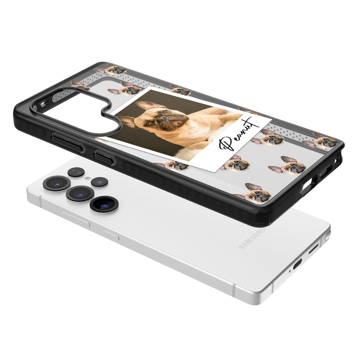 Personalised Tan French Bulldog Instant Camera Photo Samsung S25 Ultra / Samsung S26 Ultra Impact Black Phone Case angled