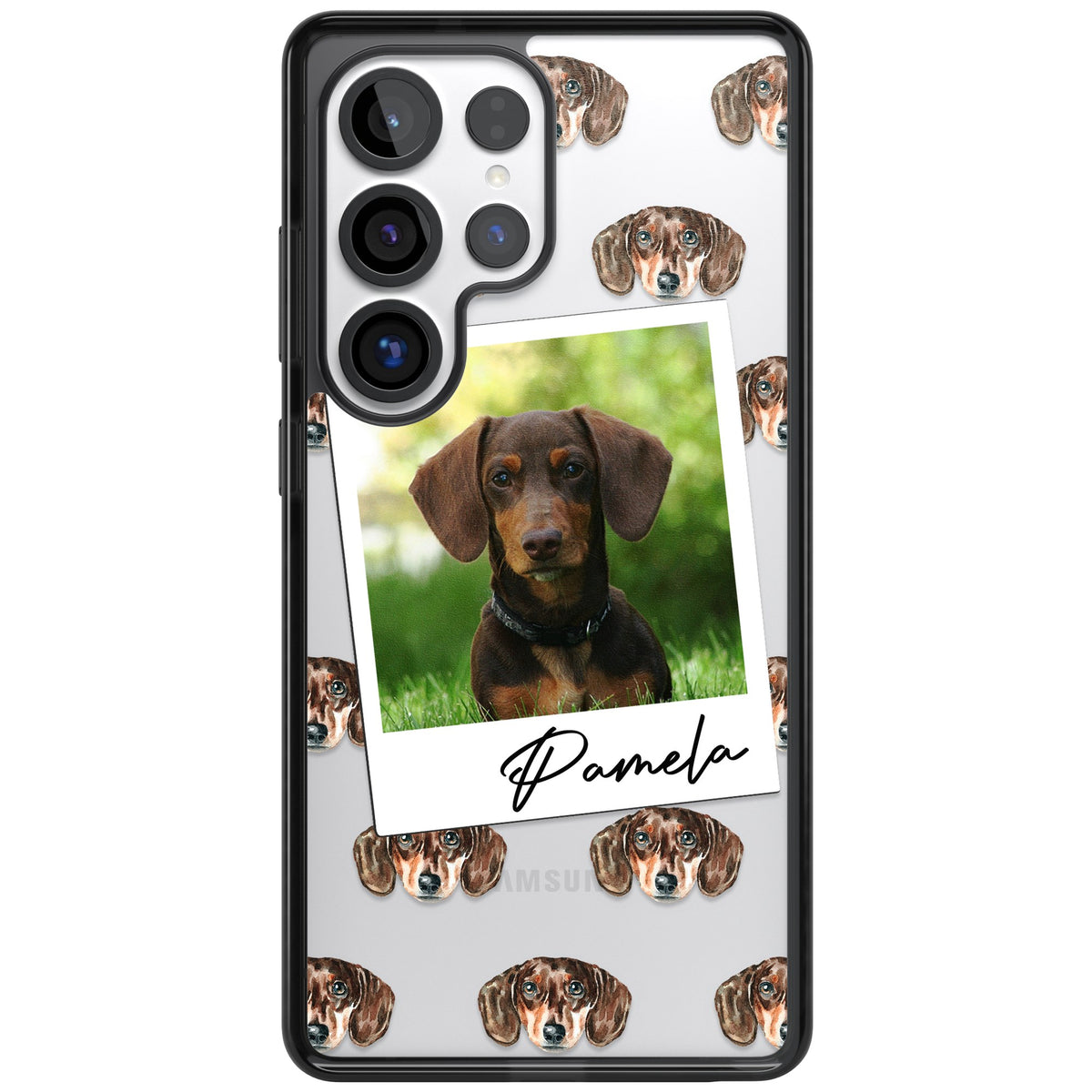 Personalised Brown Dachshund Instant Camera Photo Samsung S25 Ultra / Samsung S26 Ultra Impact Black Phone Case front