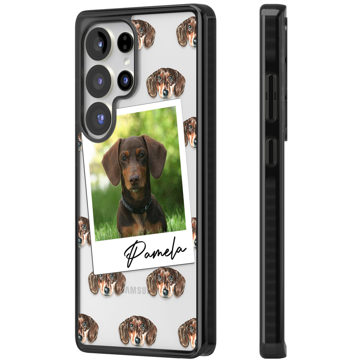 Personalised Brown Dachshund Instant Camera Photo Samsung S25 Ultra / Samsung S26 Ultra Impact Black Phone Case side