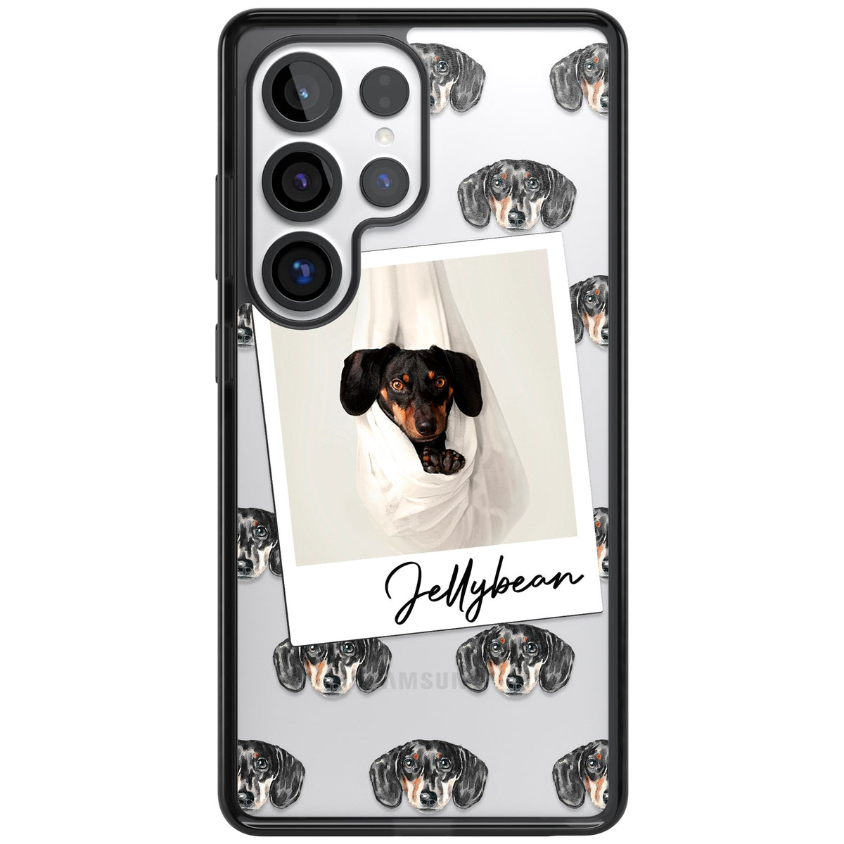 Personalised Black Dachshund Instant Camera Photo Samsung S25 Ultra / Samsung S26 Ultra Impact Black Phone Case front