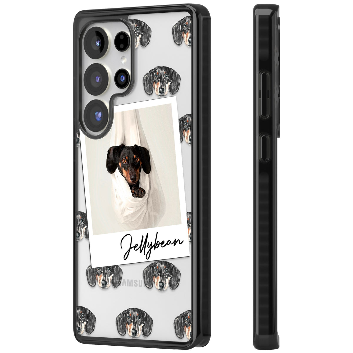Personalised Black Dachshund Instant Camera Photo Samsung S25 Ultra / Samsung S26 Ultra Impact Black Phone Case side