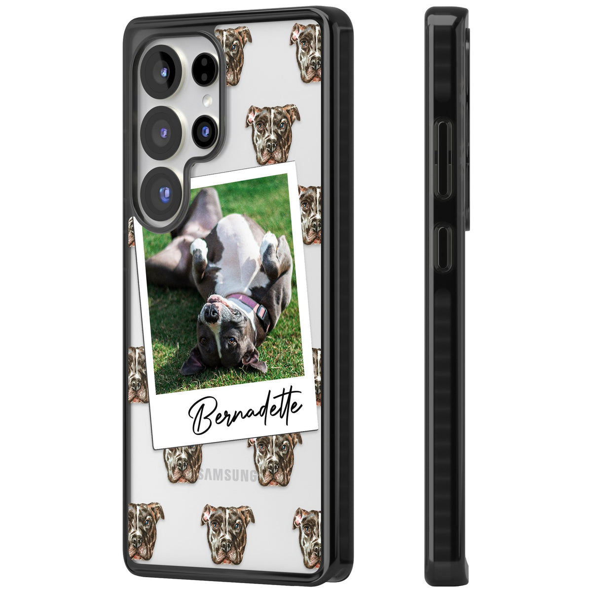 Personalised Staffordshire Bull Terrier Instant Camera Photo Samsung S25 Ultra / Samsung S26 Ultra Impact Black Phone Case side