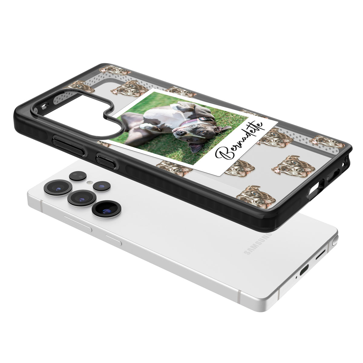 Personalised Staffordshire Bull Terrier Instant Camera Photo Samsung S25 Ultra / Samsung S26 Ultra Impact Black Phone Case angled
