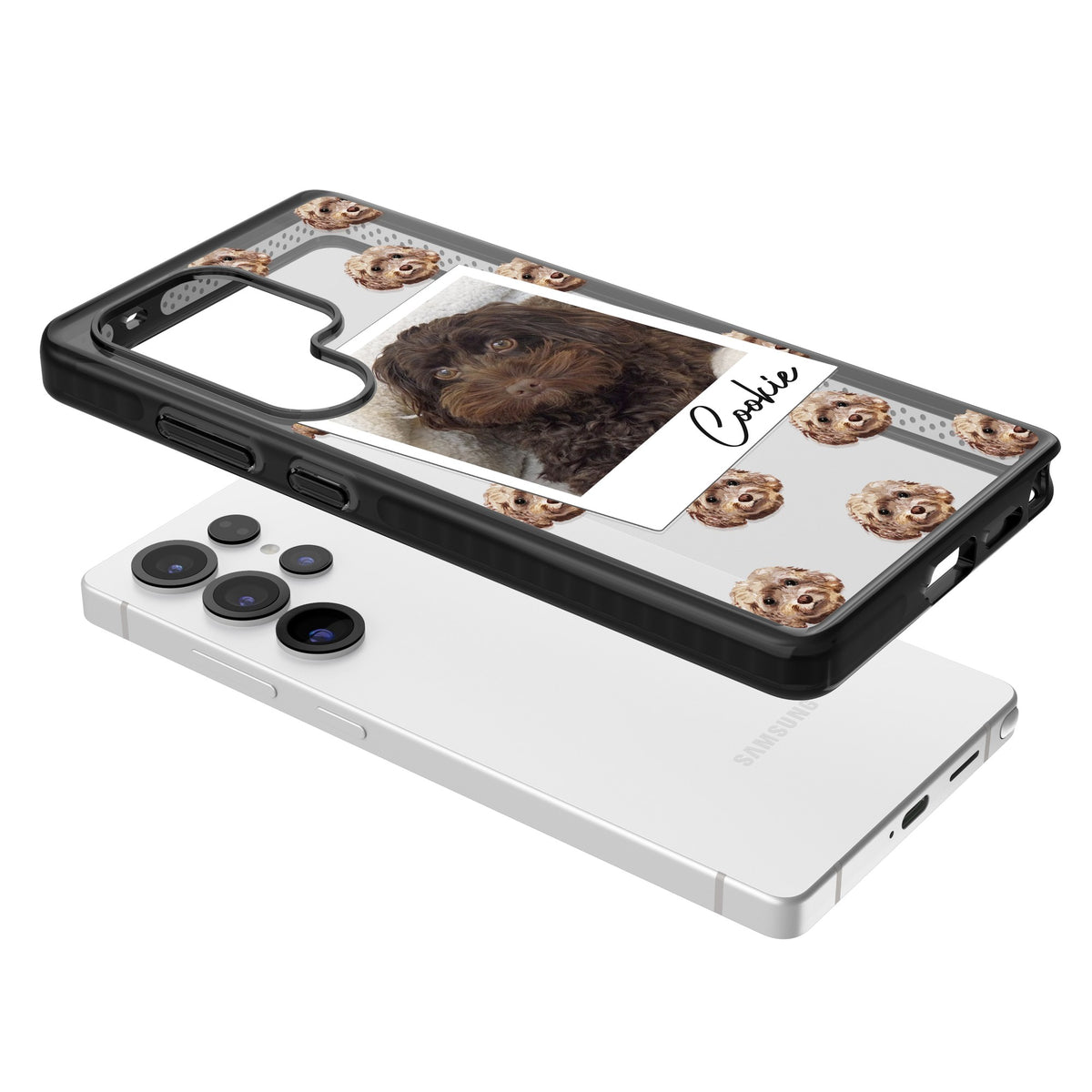 Personalised Brown Cockapoo Instant Camera Photo Samsung S25 Ultra / Samsung S26 Ultra Impact Black Phone Case angled
