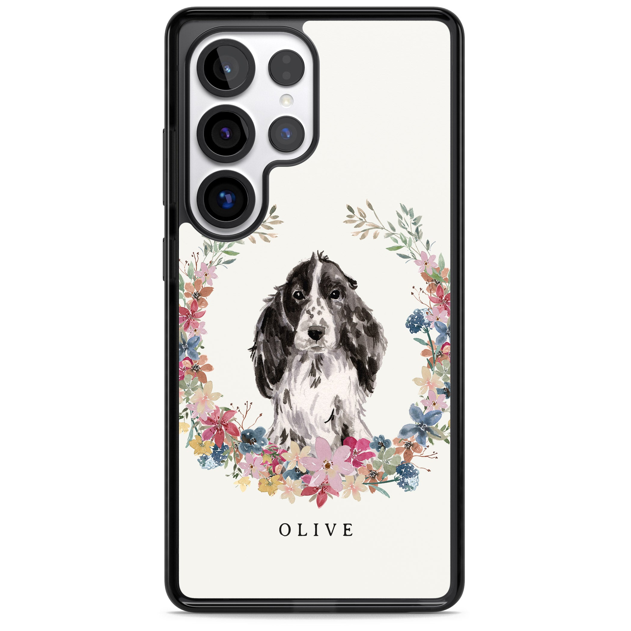 Personalised Black Cocker Spaniel Floral Portrait