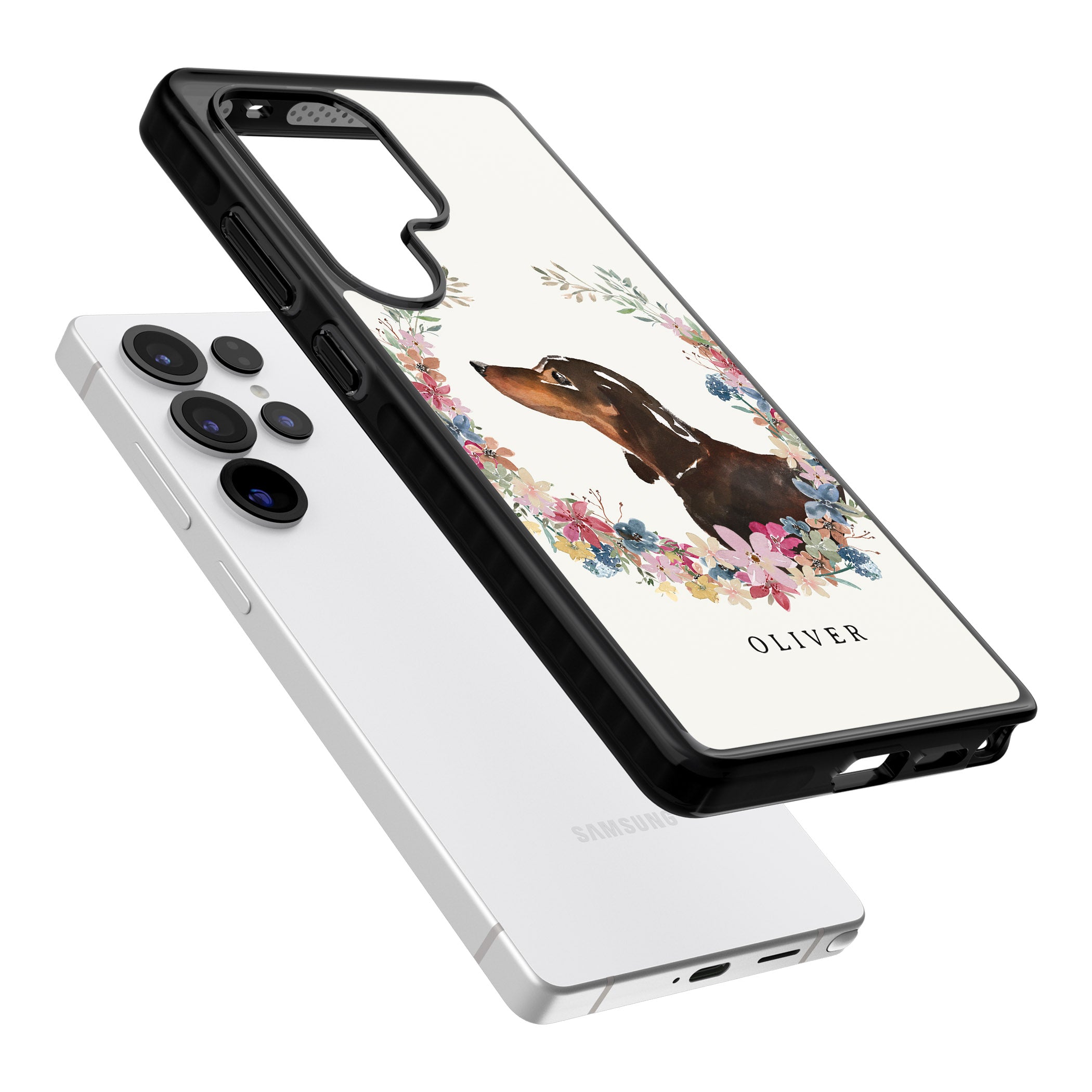 Personalised Black & Tan Dachshund Floral Portrait