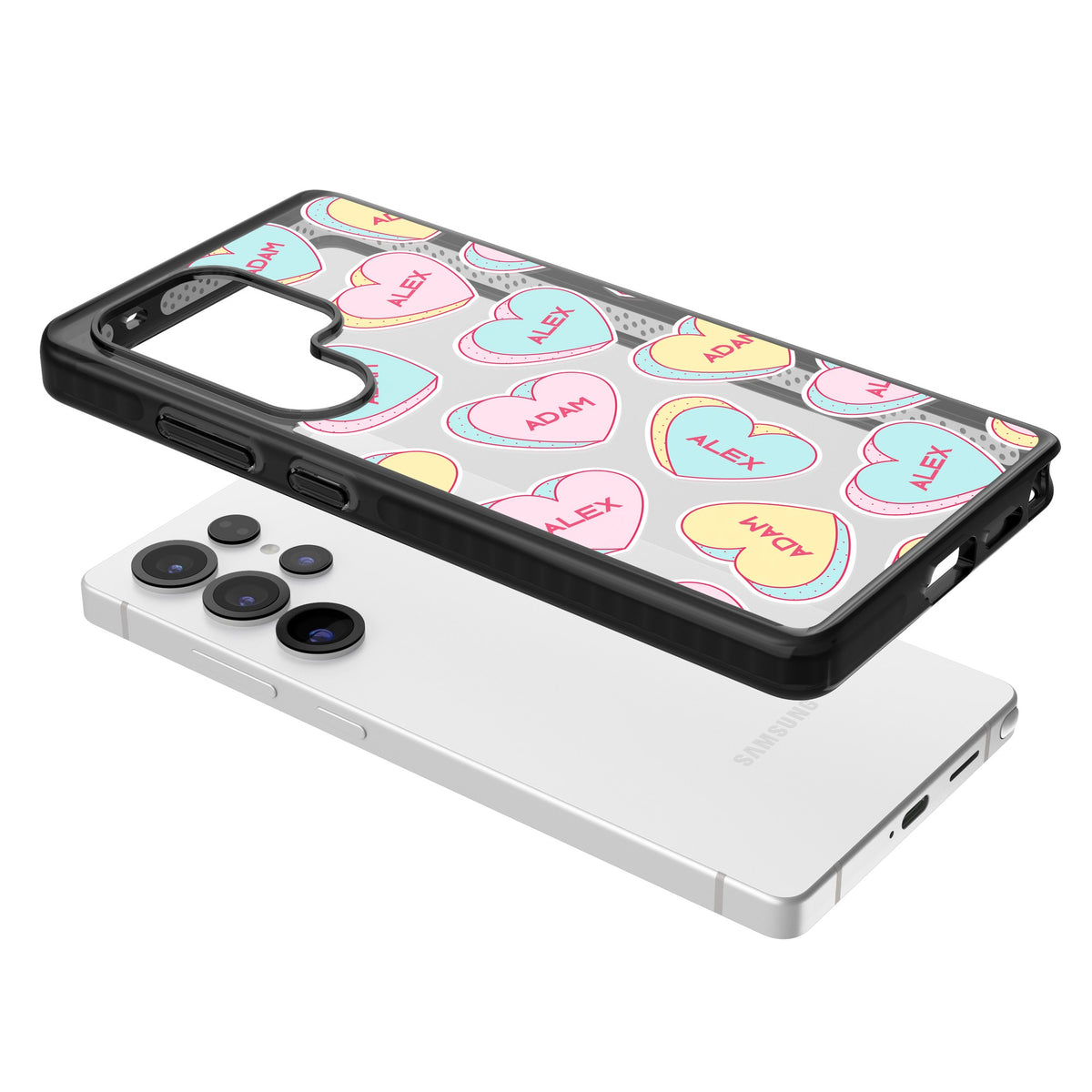 Personalised Love Heart Sweets Samsung S25 Ultra / Samsung S26 Ultra Impact Black Phone Case angled