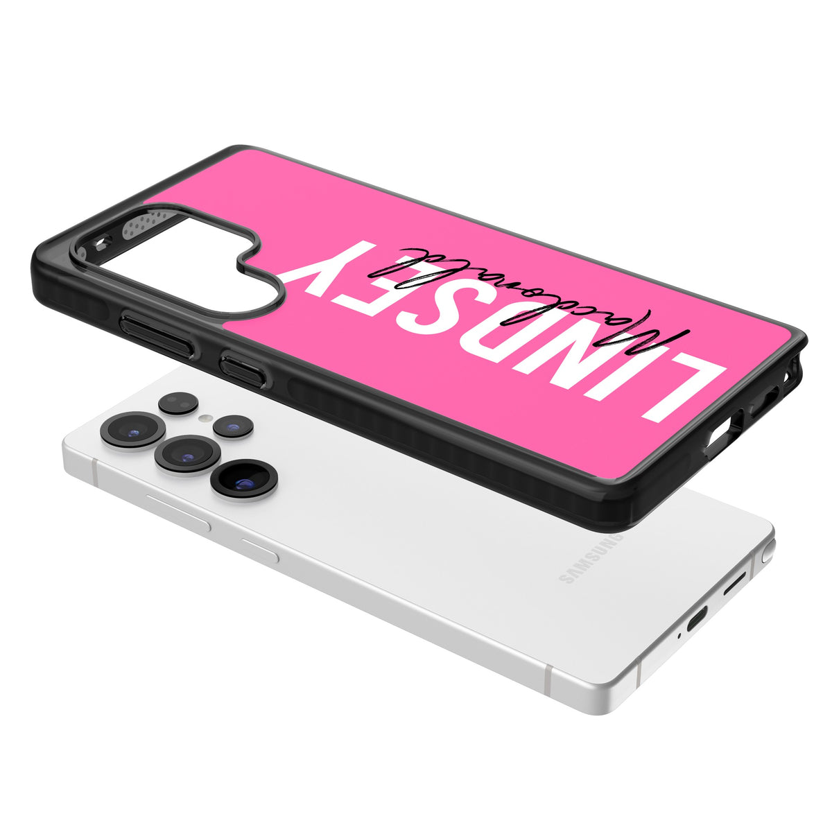 Personalised Bold Name: Pink Samsung S25 Ultra / Samsung S26 Ultra Impact Black Phone Case angled