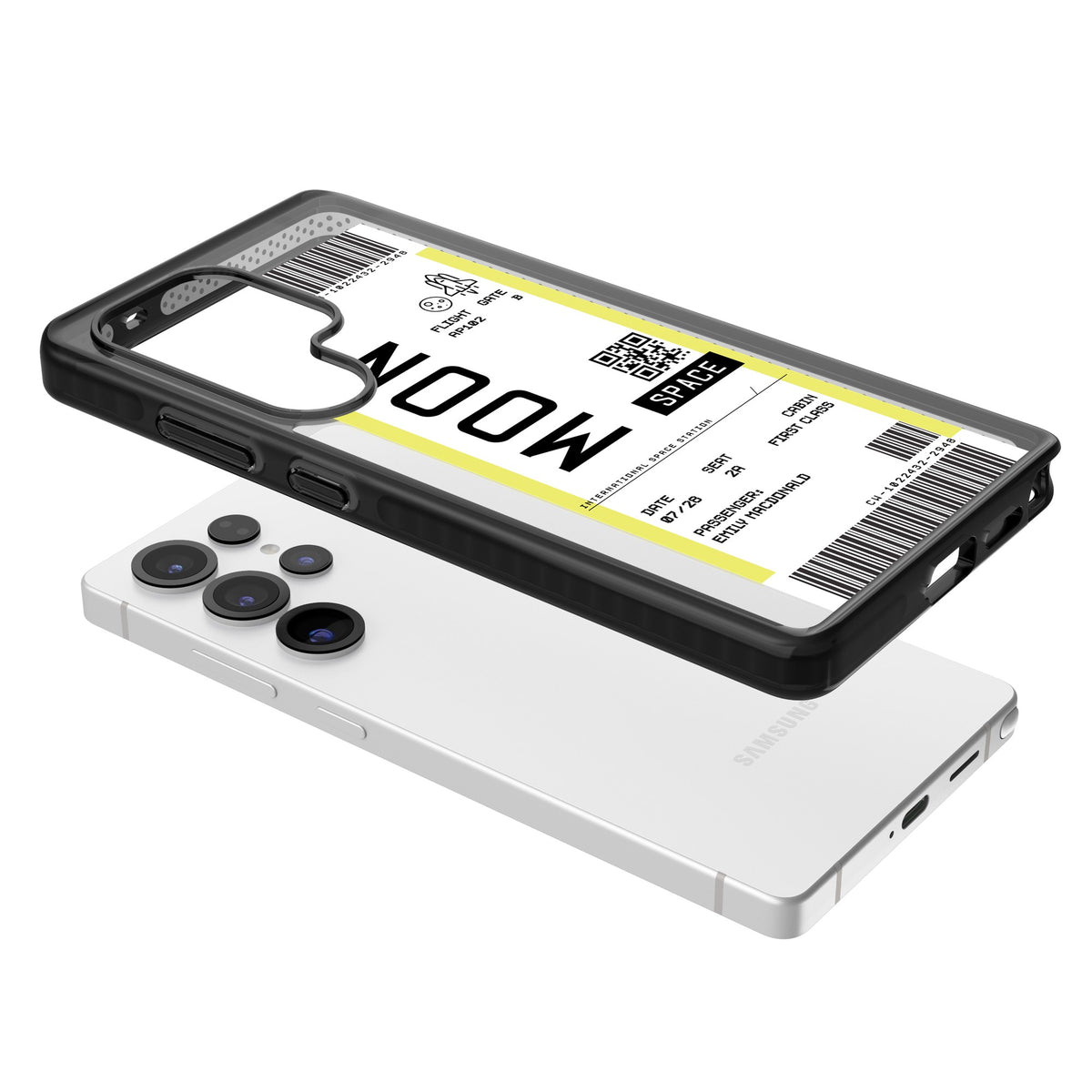 Personalised Moon Travel Ticket Samsung S25 Ultra / Samsung S26 Ultra Impact Black Phone Case angled