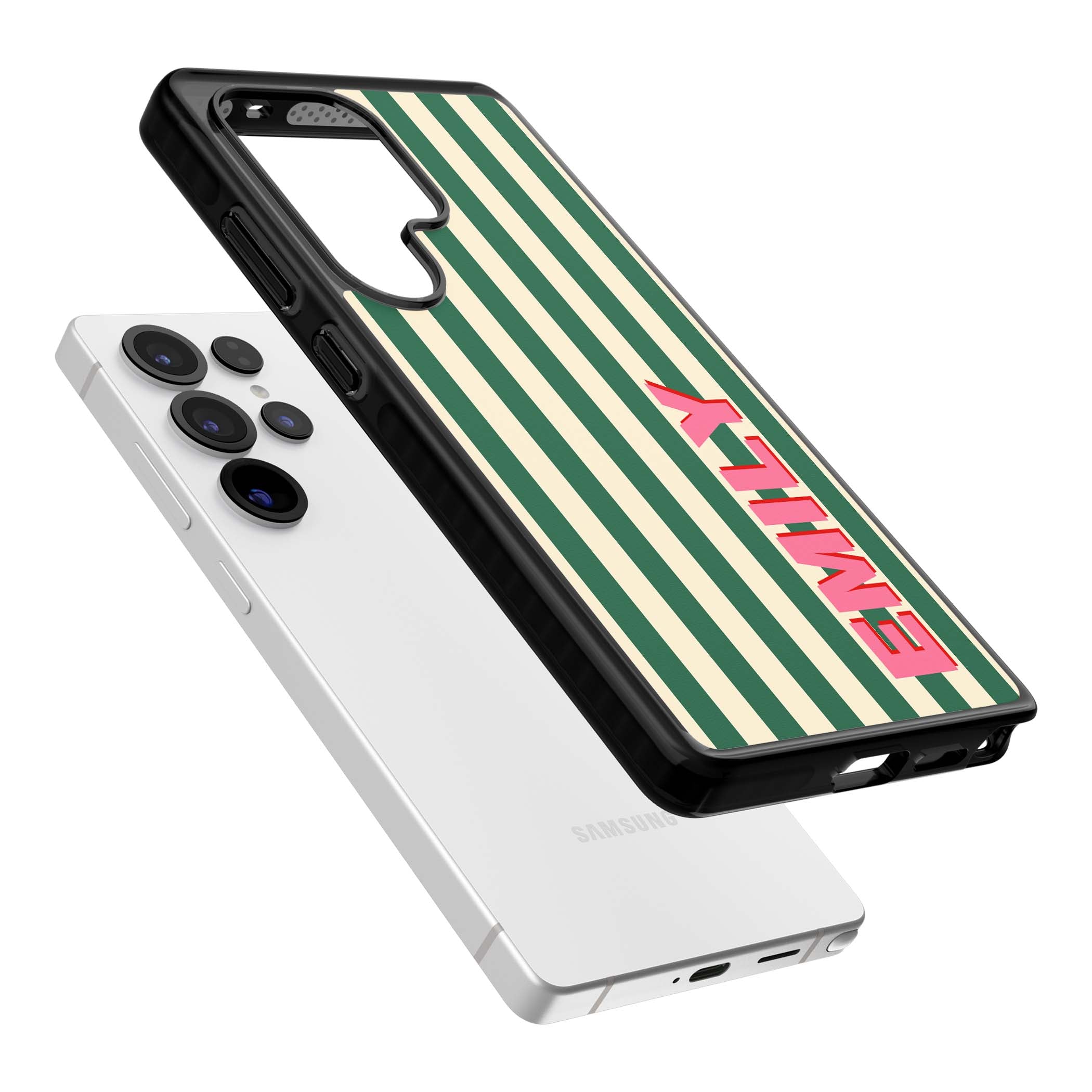 Wimbledon Stripe preppy iPhone case featuring green and cream vertical stripes with a personalised pink name | Black Impact case for Samsung Galaxy S25 Ultra