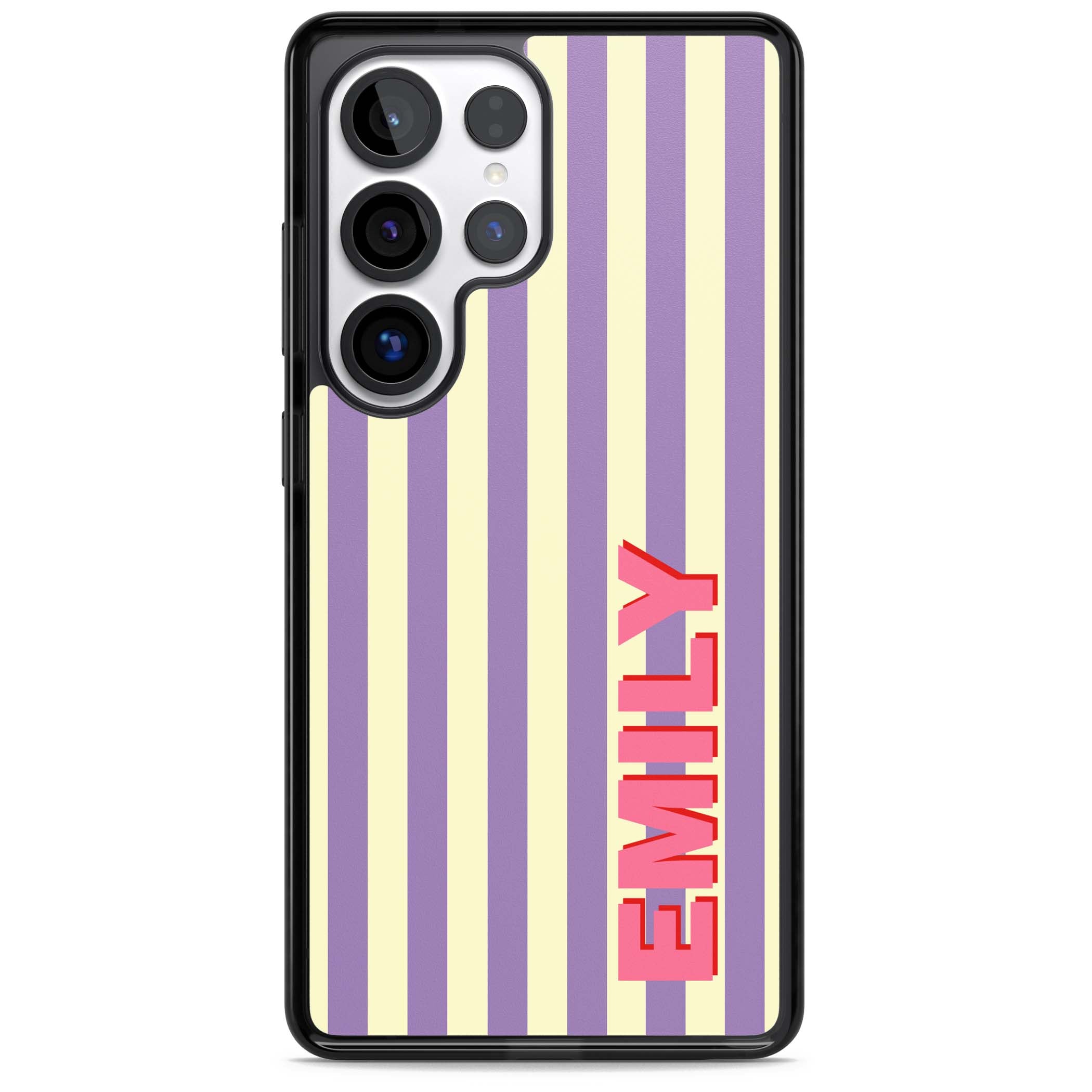 Valensole Stripe personalised iPhone case with purple and cream vertical stripes and pink custom name | Black Impact case for Samsung Galaxy S25 Ultra