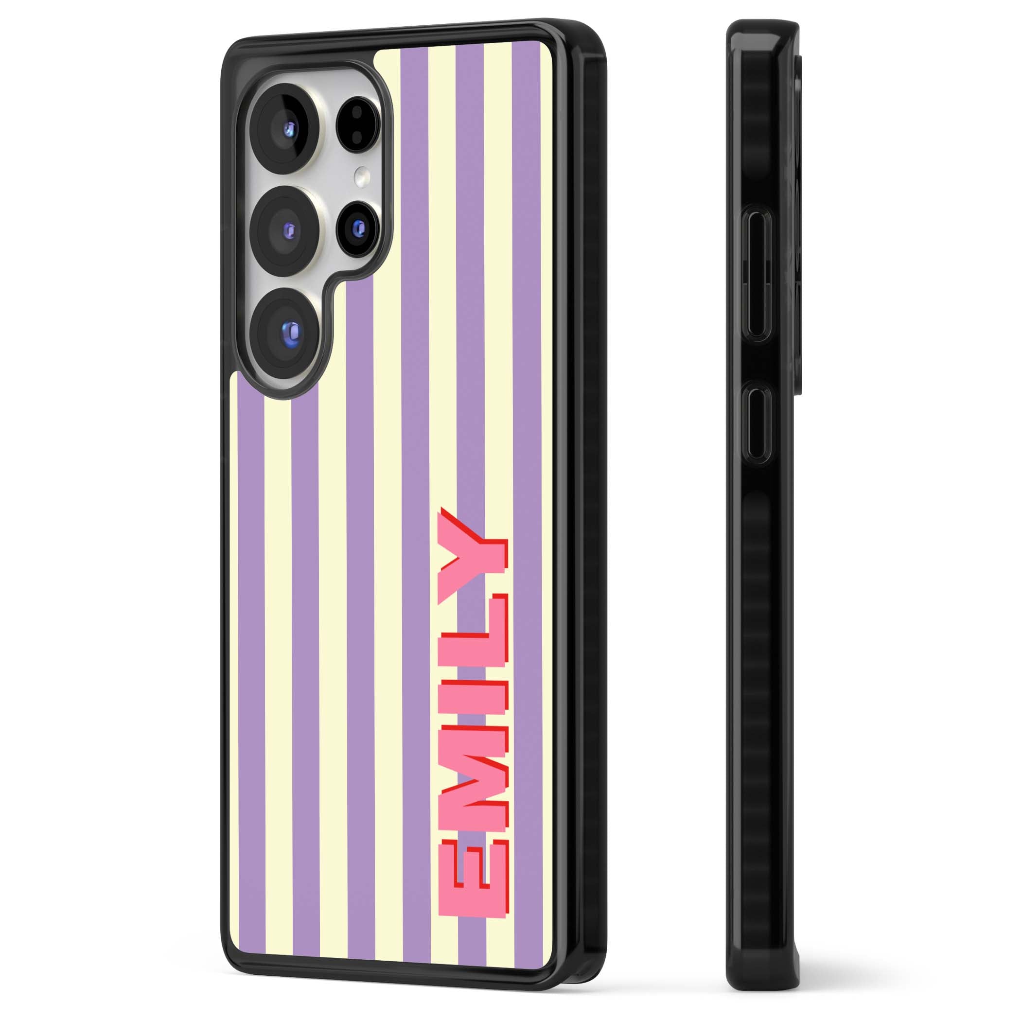 Valensole Stripe personalised iPhone case with purple and cream vertical stripes and pink custom name | Black Impact case for Samsung Galaxy S25 Ultra
