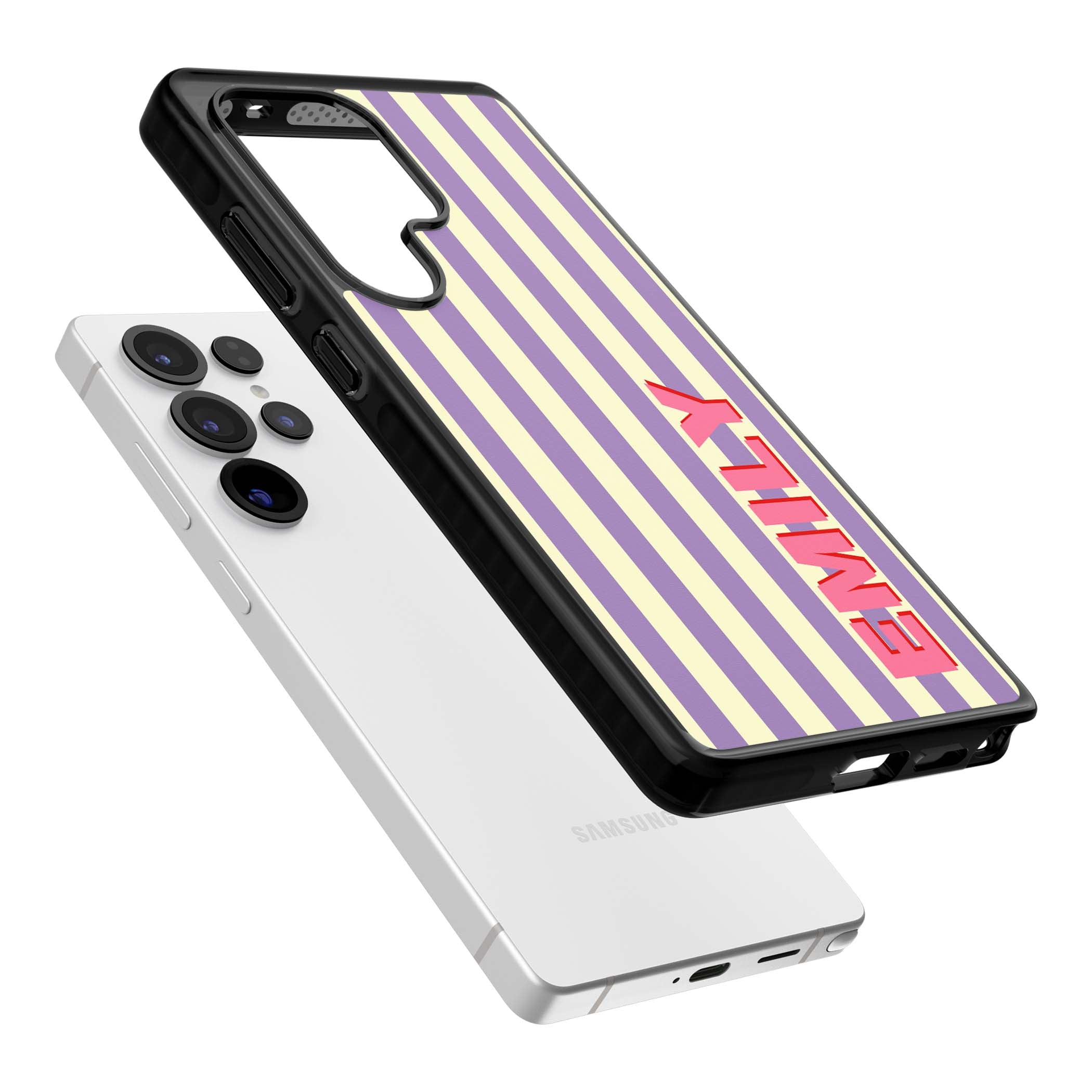 Valensole Stripe personalised iPhone case with purple and cream vertical stripes and pink custom name | Black Impact case for Samsung Galaxy S25 Ultra