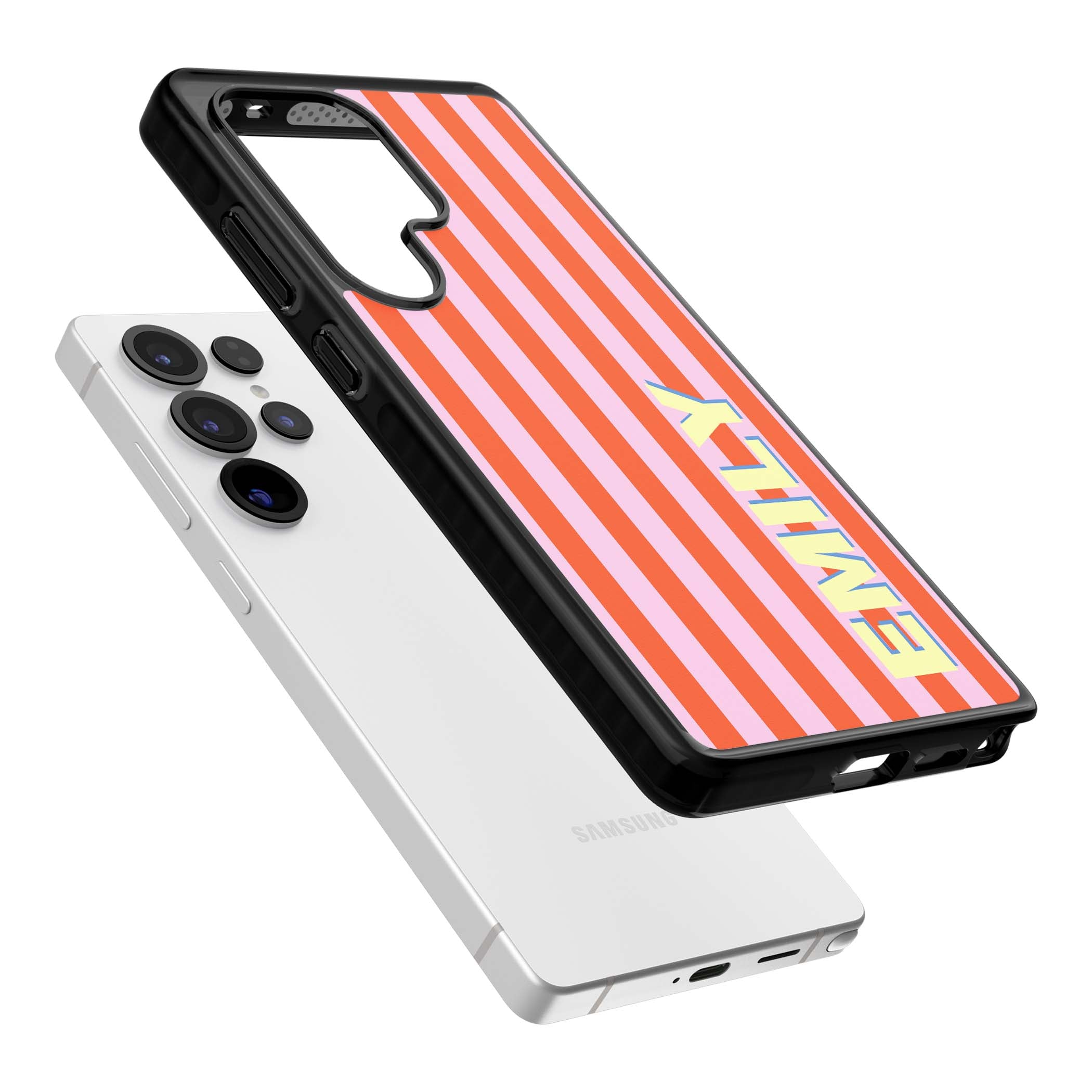Havana Stripe personalised iPhone case featuring pink and orange vertical stripes with a custom yellow name | Black Impact case for Samsung Galaxy S25 Ultra