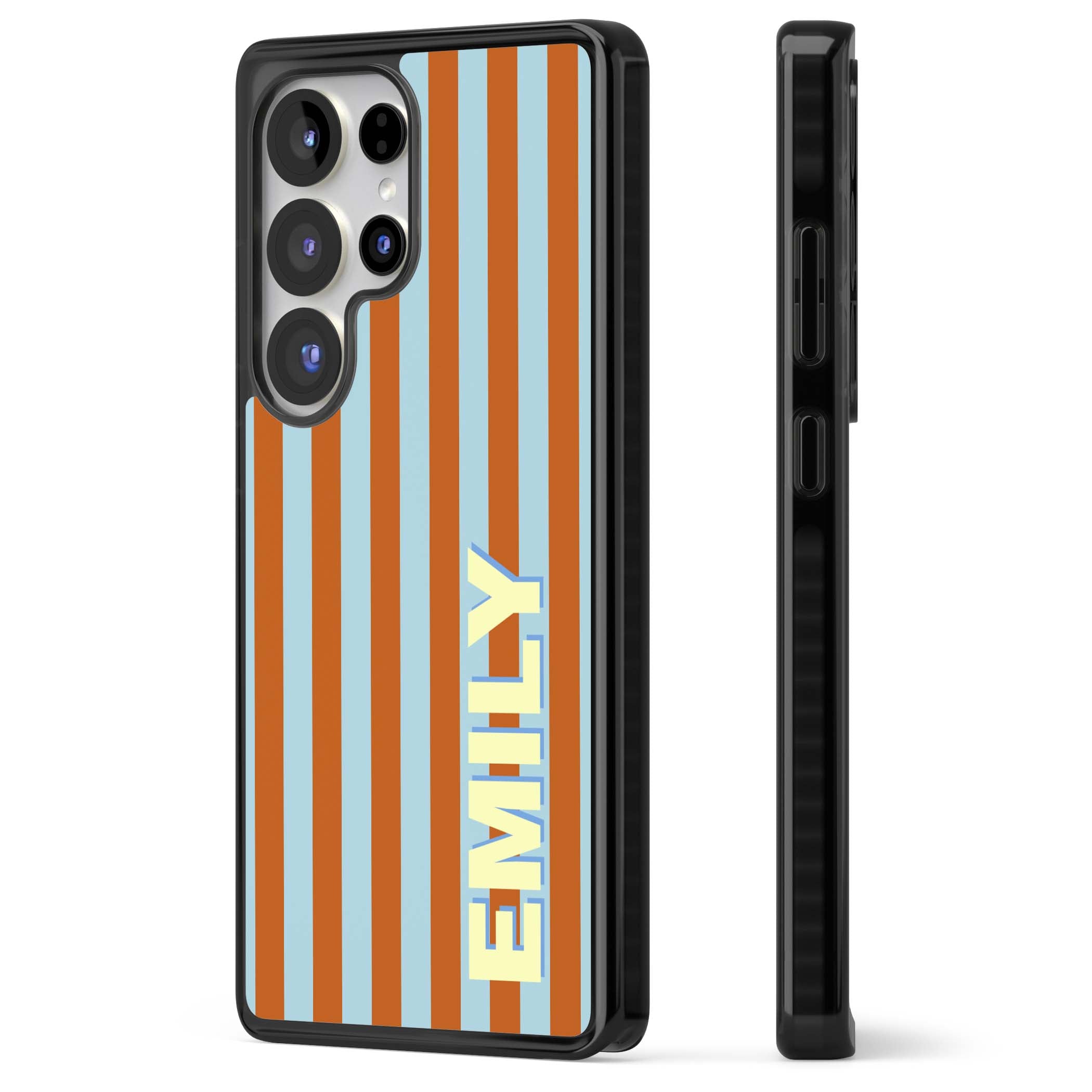 Cappadocia Stripe personalised coastal iPhone case featuring blue and orange vertical stripes with custom cream name | Black Impact case for Samsung Galaxy S25 Ultra
