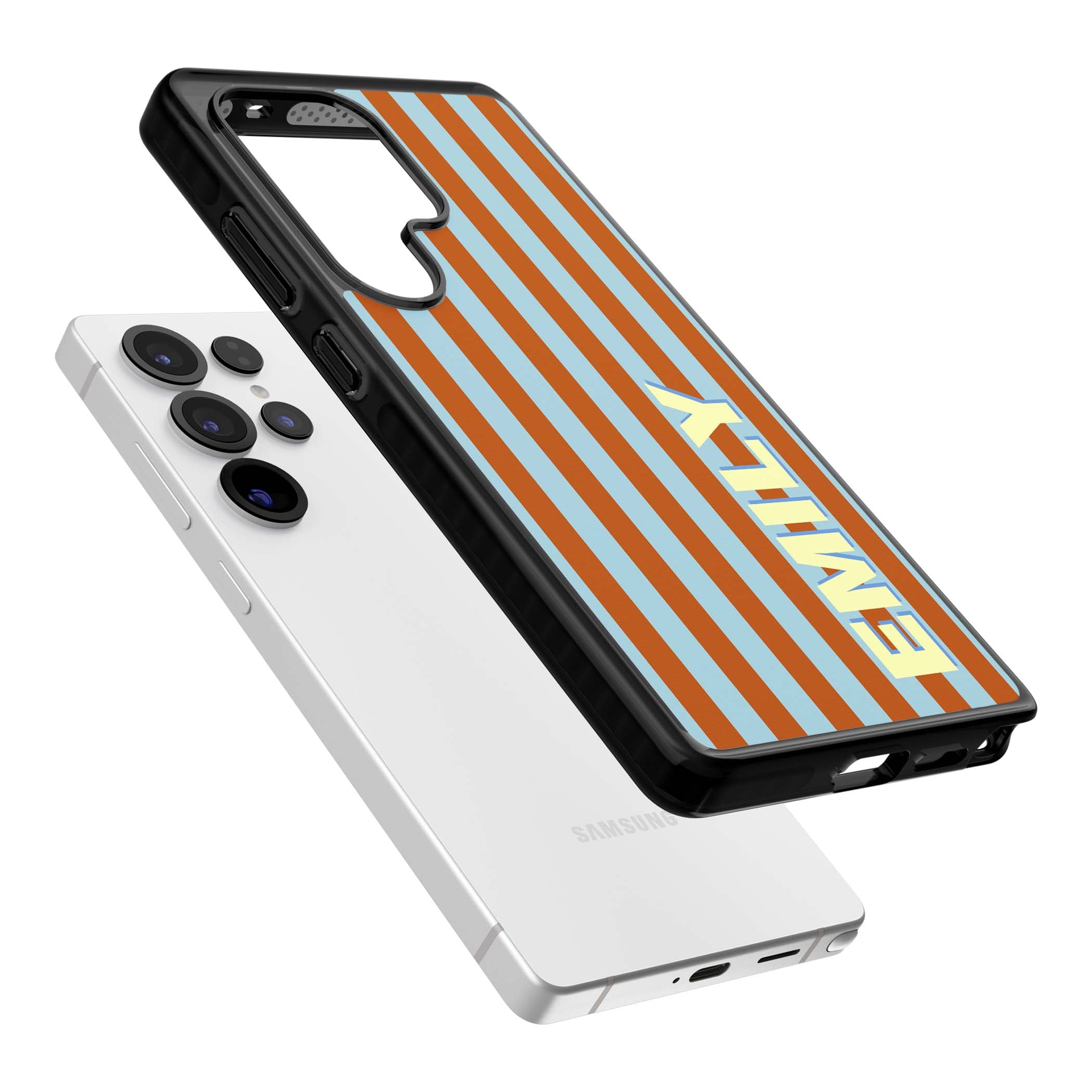 Cappadocia Stripe personalised coastal iPhone case featuring blue and orange vertical stripes with custom cream name | Black Impact case for Samsung Galaxy S25 Ultra